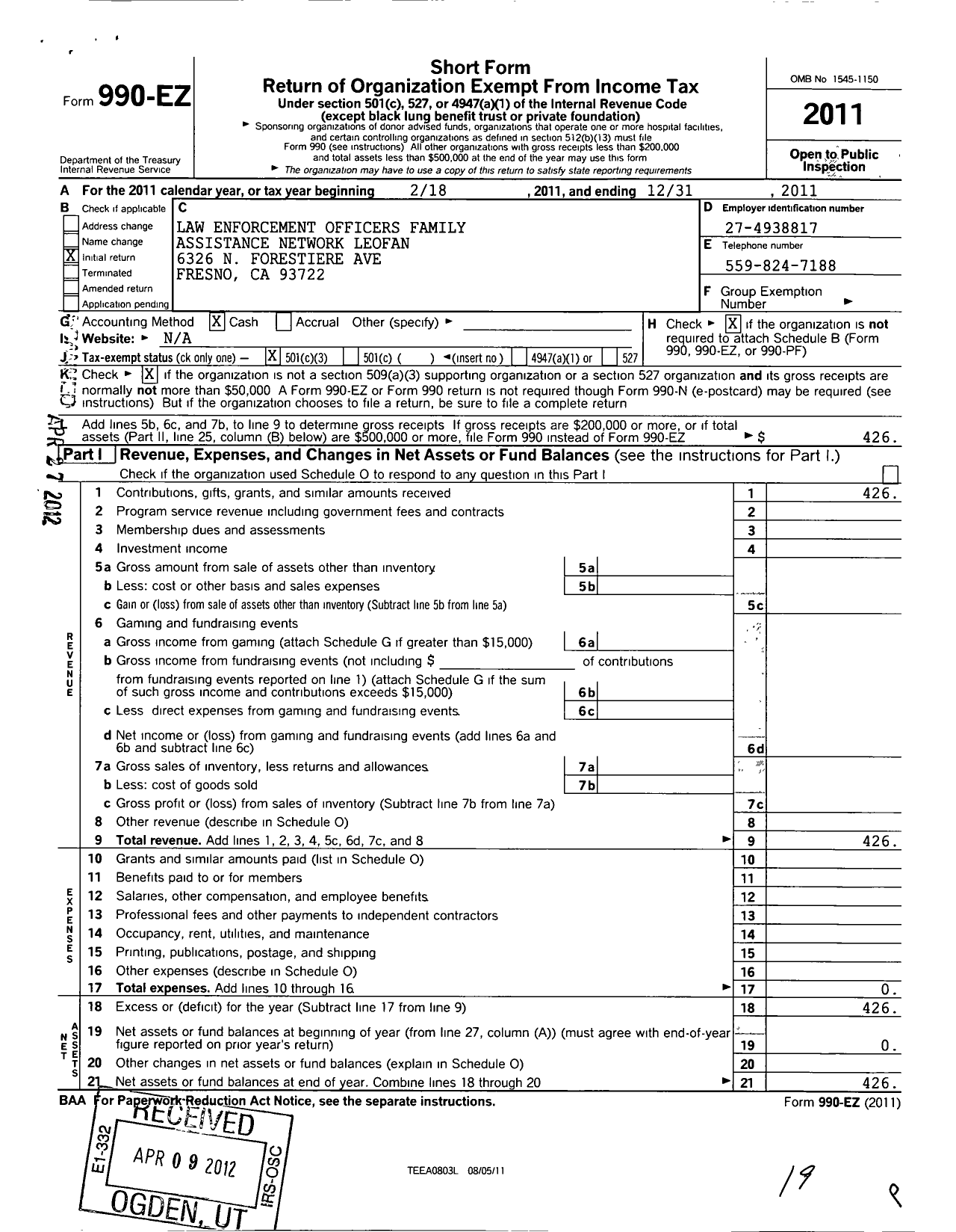 Image of first page of 2011 Form 990EZ for Law Enforcement Officers Family Assistance Network (LEOFAN)