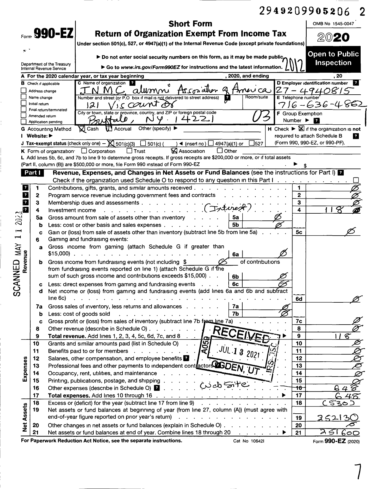 Image of first page of 2020 Form 990EZ for TNMC N M C Alumni Association of America