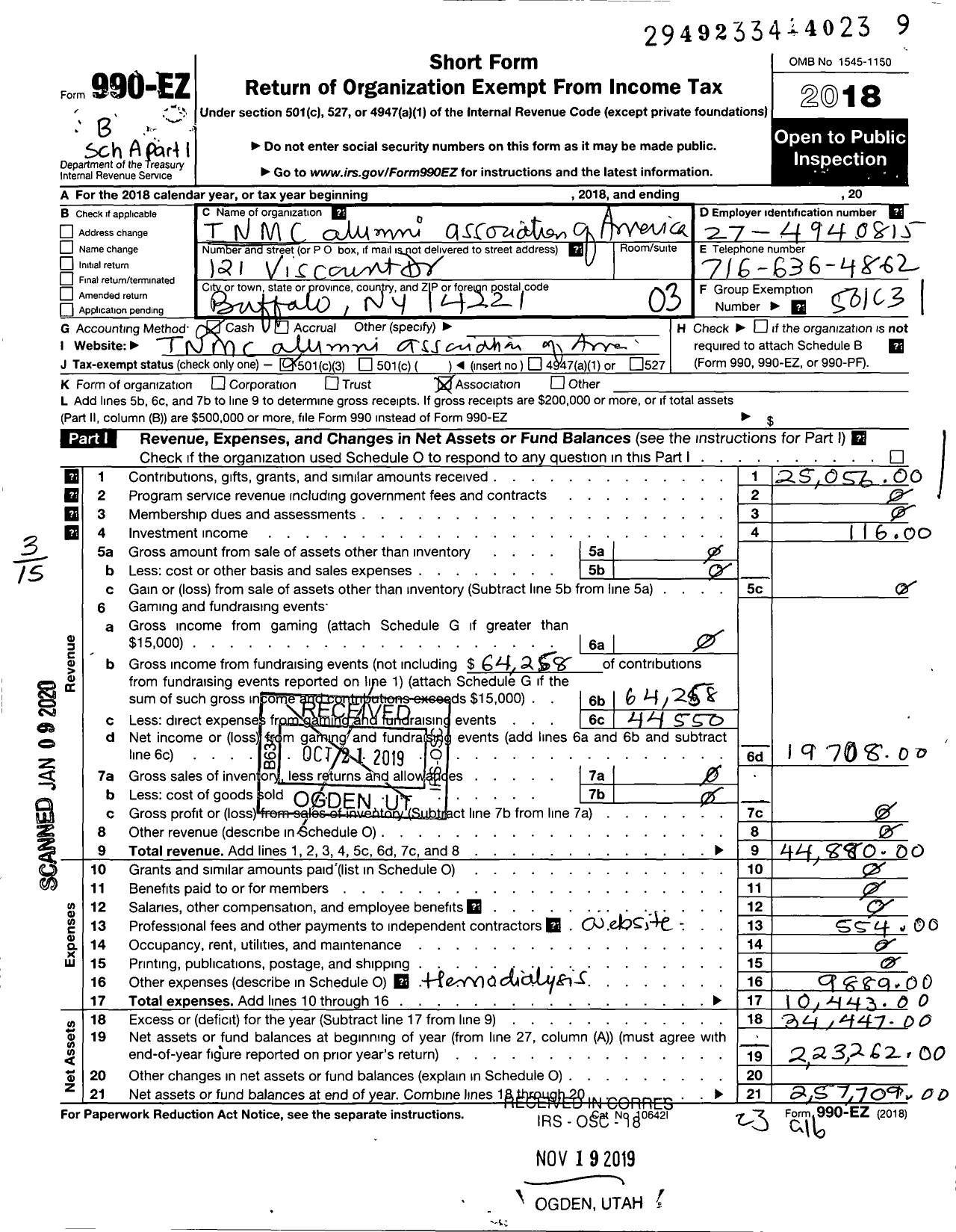 Image of first page of 2018 Form 990EZ for TNMC N M C Alumni Association of America