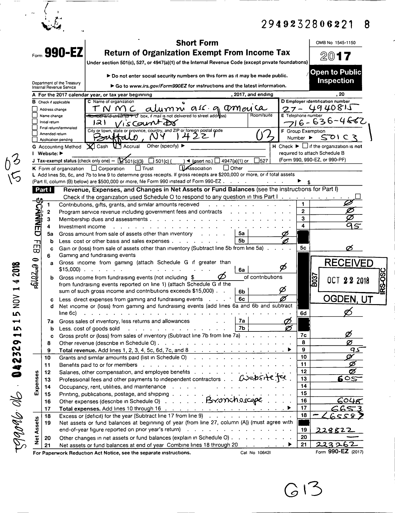 Image of first page of 2017 Form 990EZ for TNMC N M C Alumni Association of America