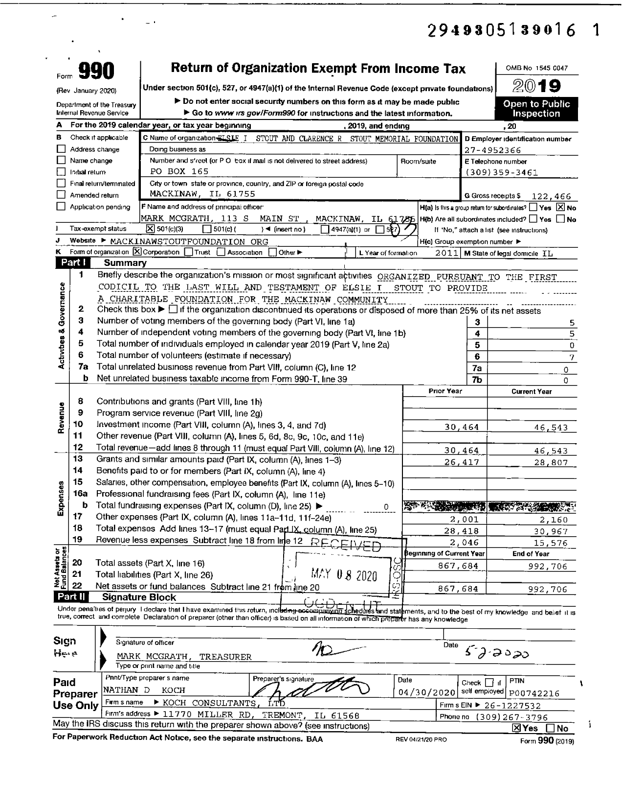 Image of first page of 2019 Form 990 for Elsie I Stout and Clarence R Stout Memorial Foundation