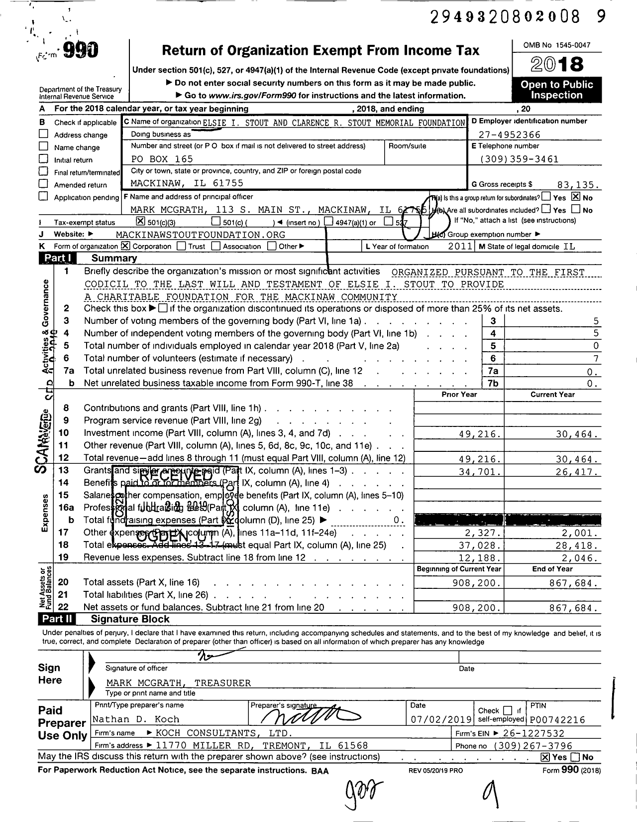 Image of first page of 2018 Form 990 for Elsie I Stout and Clarence R Stout Memorial Foundation