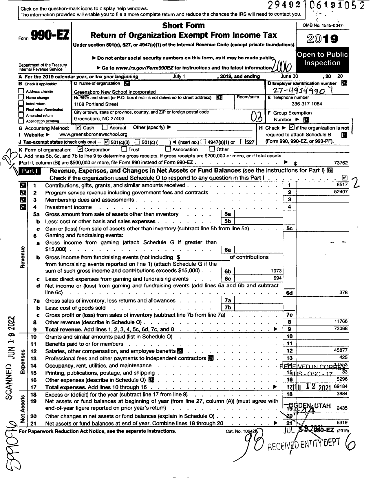 Image of first page of 2019 Form 990EZ for Greensboro New School Incorporated