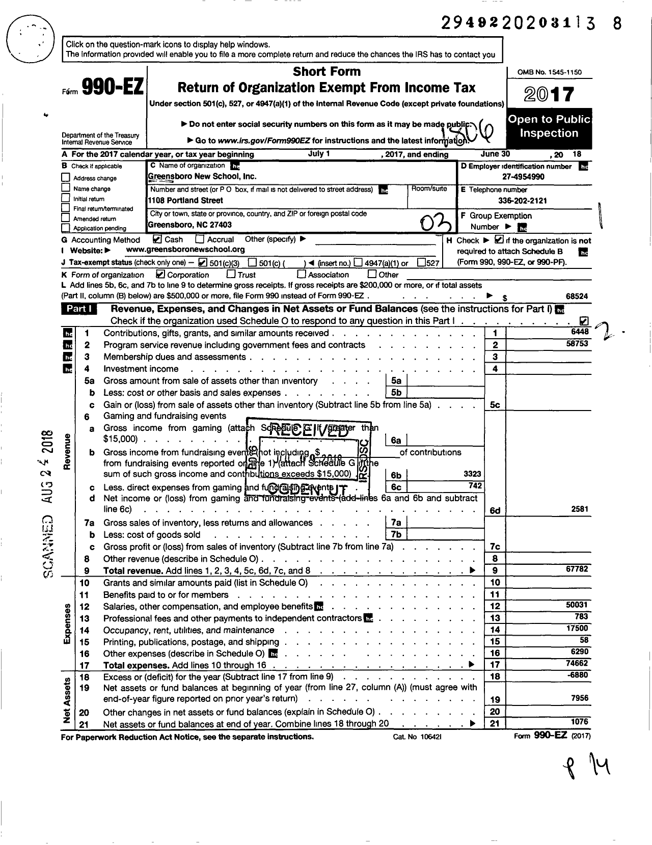 Image of first page of 2017 Form 990EZ for Greensboro New School Incorporated