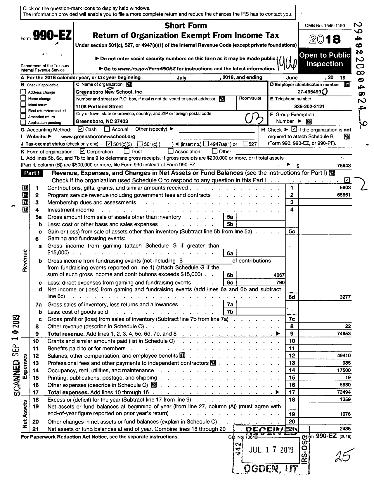 Image of first page of 2018 Form 990EZ for Greensboro New School Incorporated