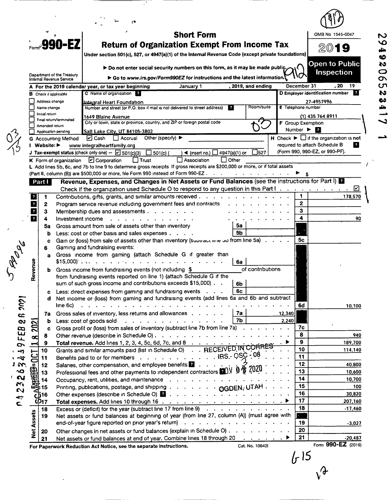 Image of first page of 2019 Form 990EZ for Integral Heart Foundation