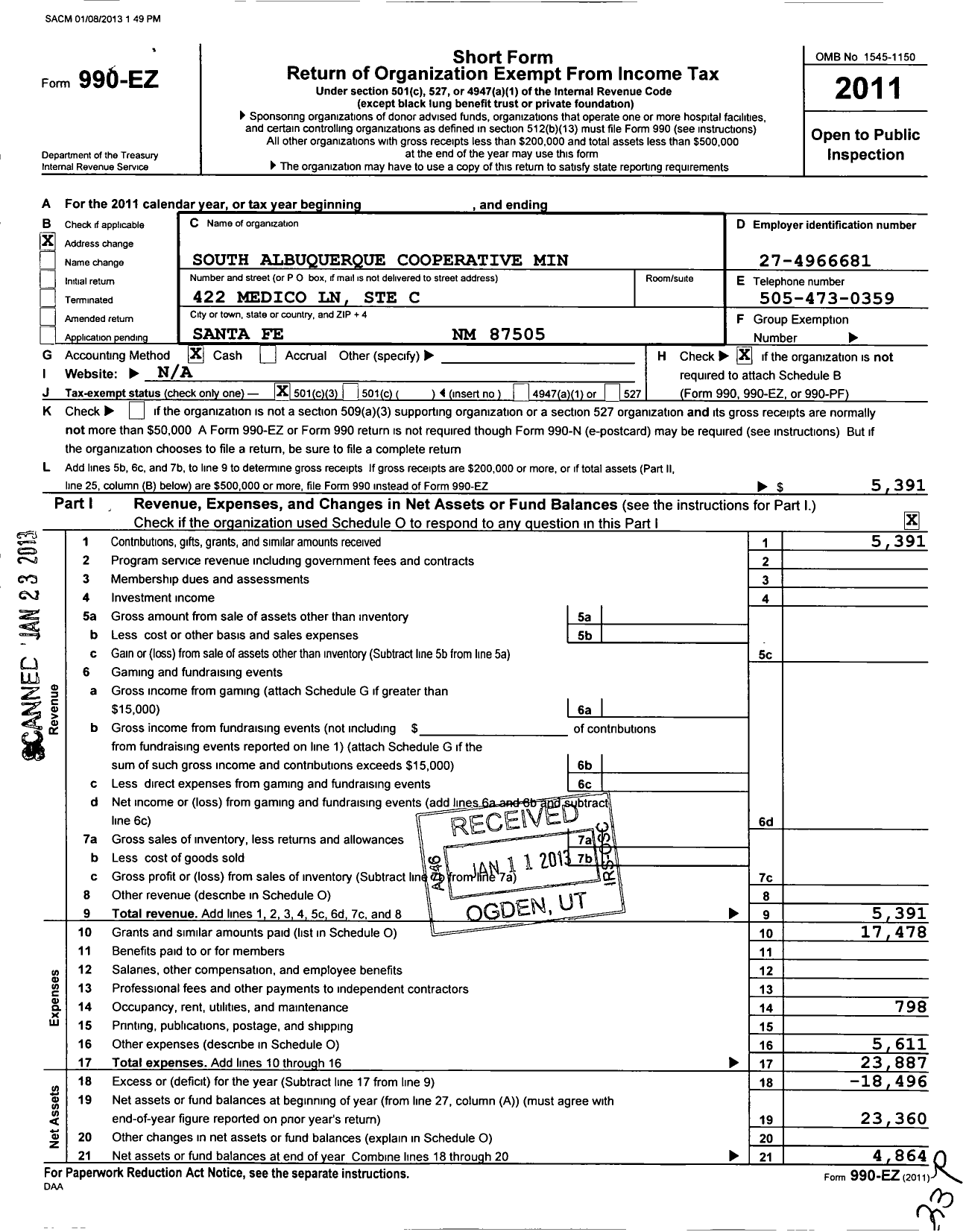 Image of first page of 2011 Form 990EZ for South Albuquerque Cooperative Ministry NP