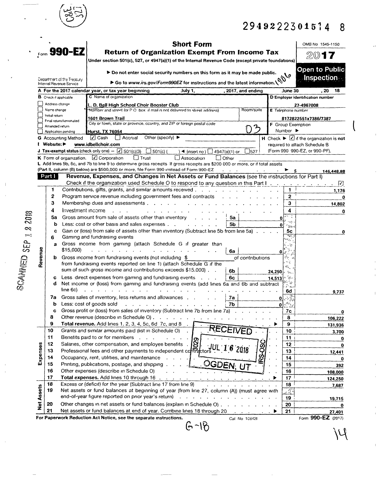 Image of first page of 2017 Form 990EZ for LD Bell High School Choir Booster Club