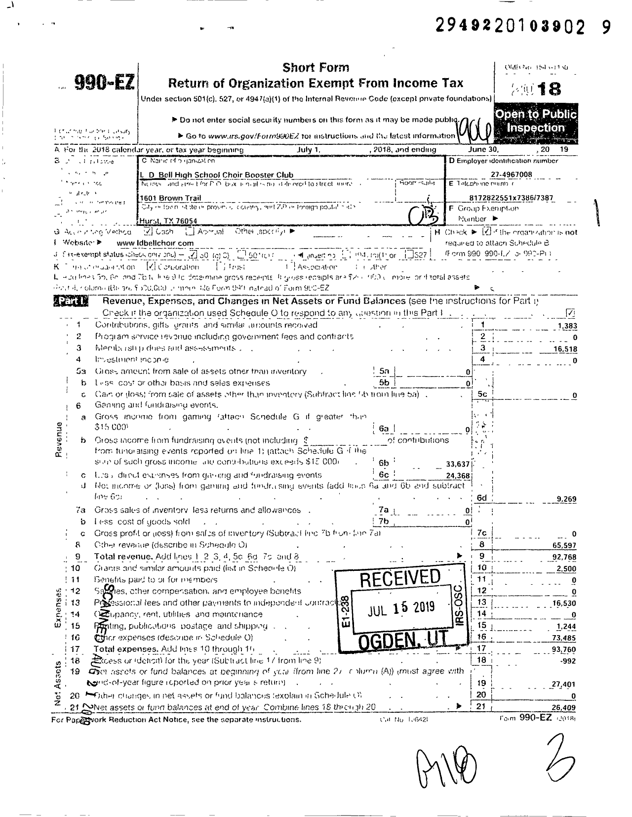 Image of first page of 2018 Form 990EZ for LD Bell High School Choir Booster Club