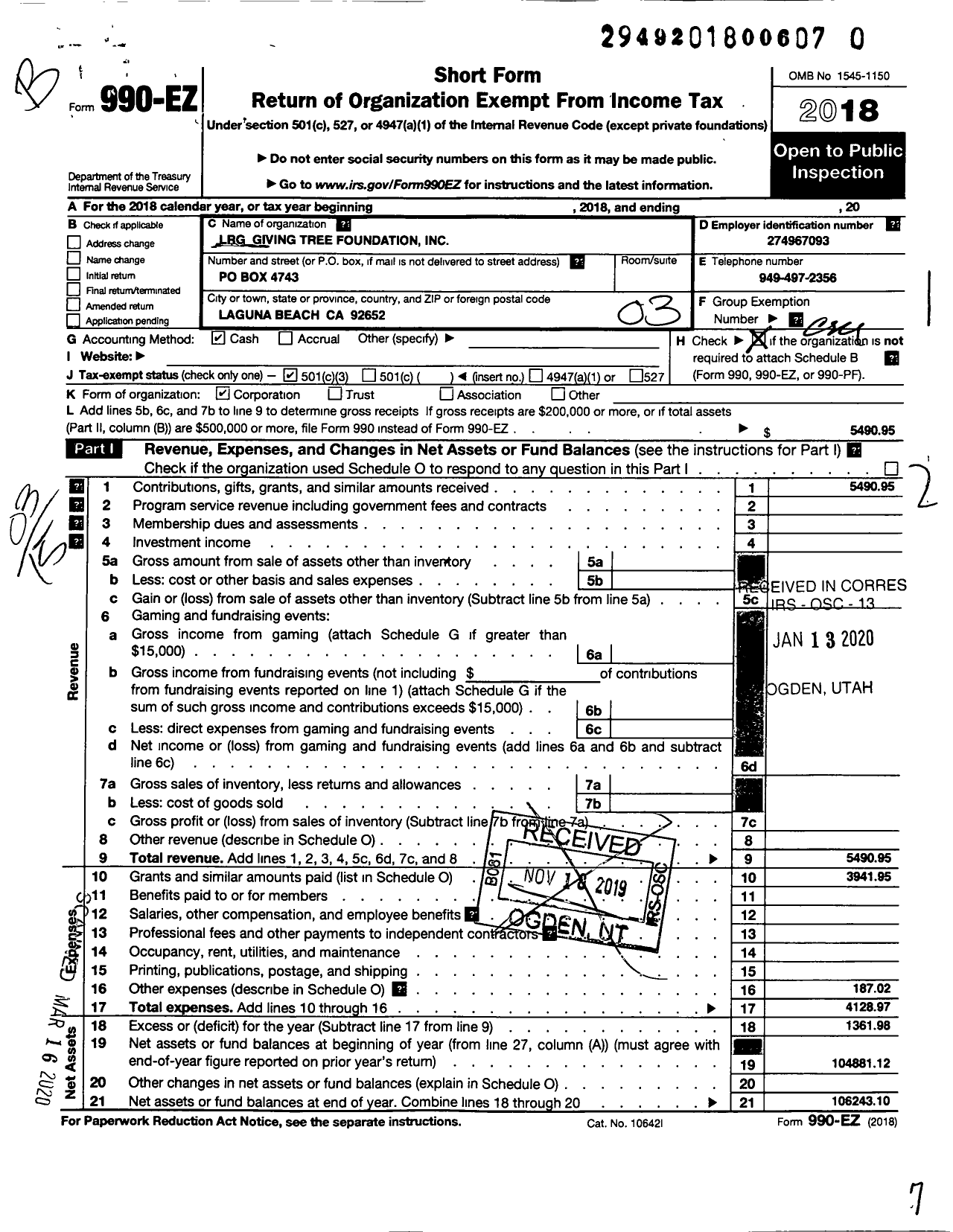 Image of first page of 2018 Form 990EZ for LRG Giving Tree Foundation