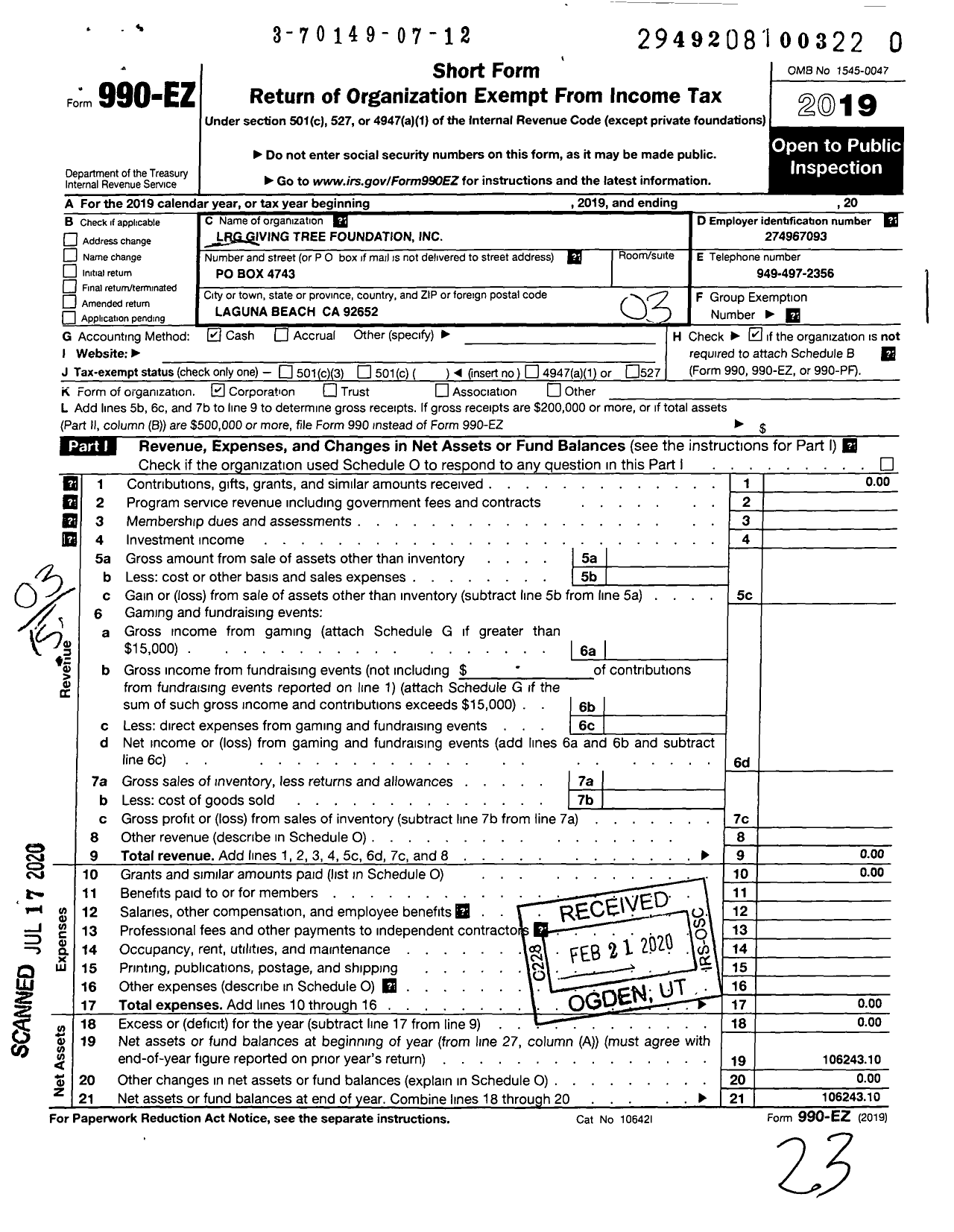 Image of first page of 2019 Form 990EZ for LRG Giving Tree Foundation