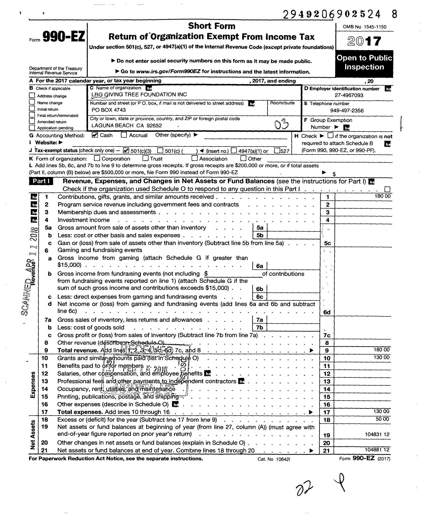 Image of first page of 2017 Form 990EZ for LRG Giving Tree Foundation