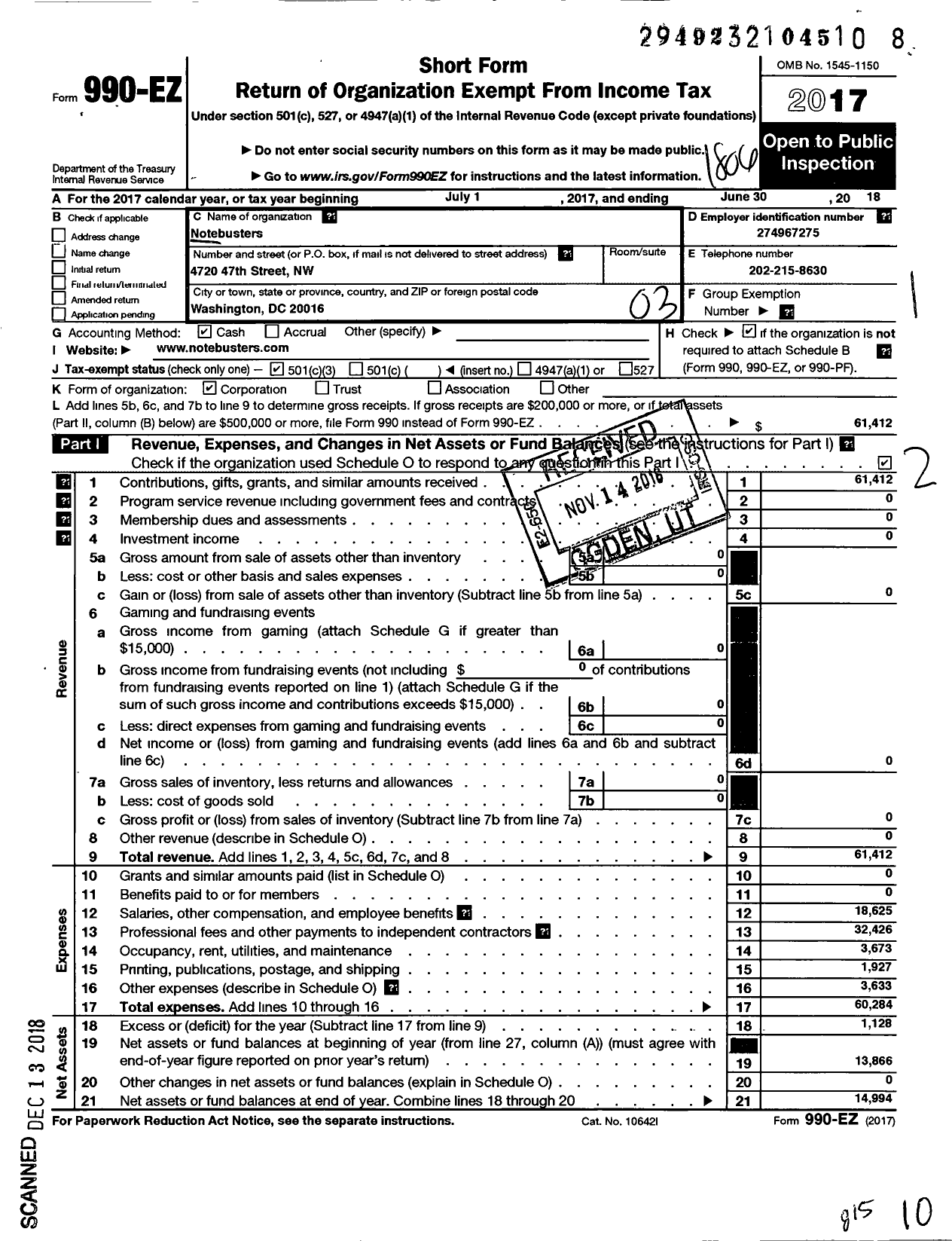 Image of first page of 2017 Form 990EZ for Notebusters