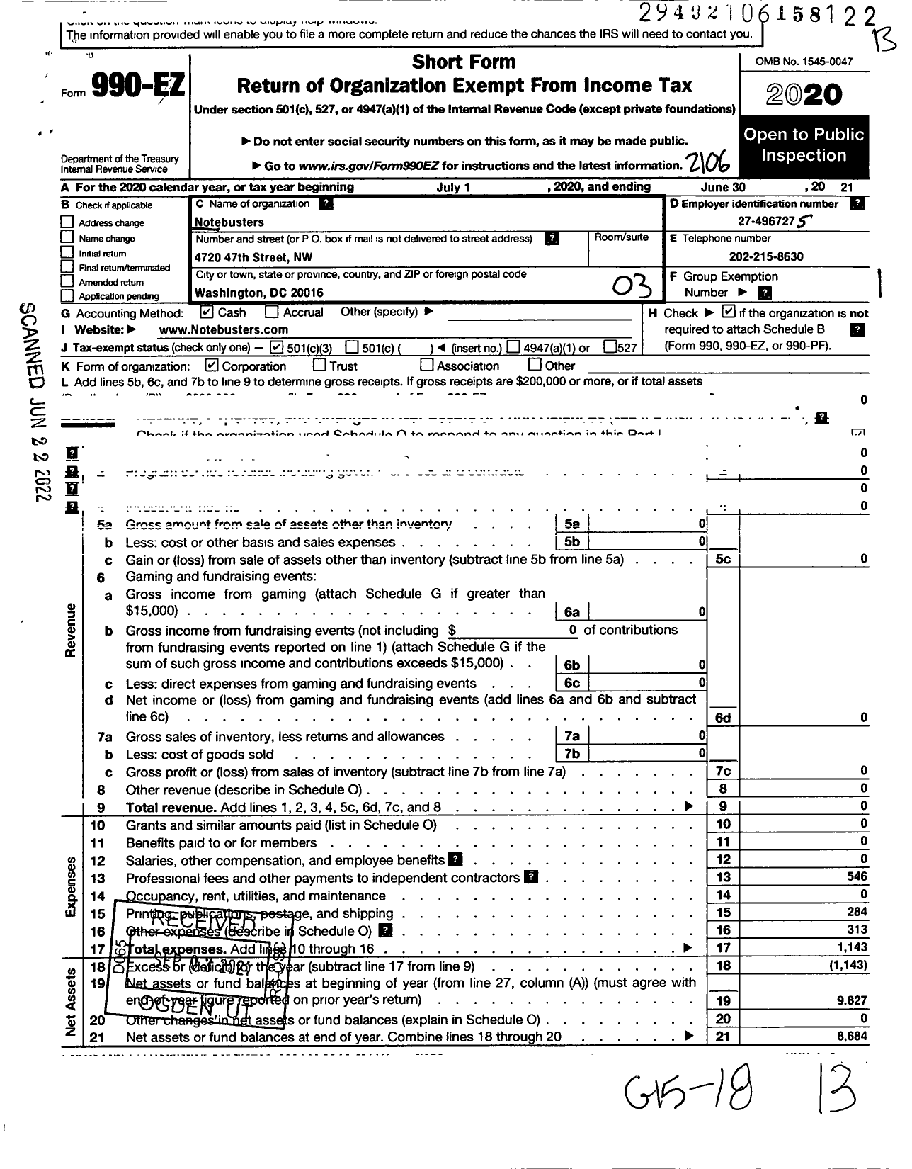 Image of first page of 2020 Form 990EZ for Notebusters