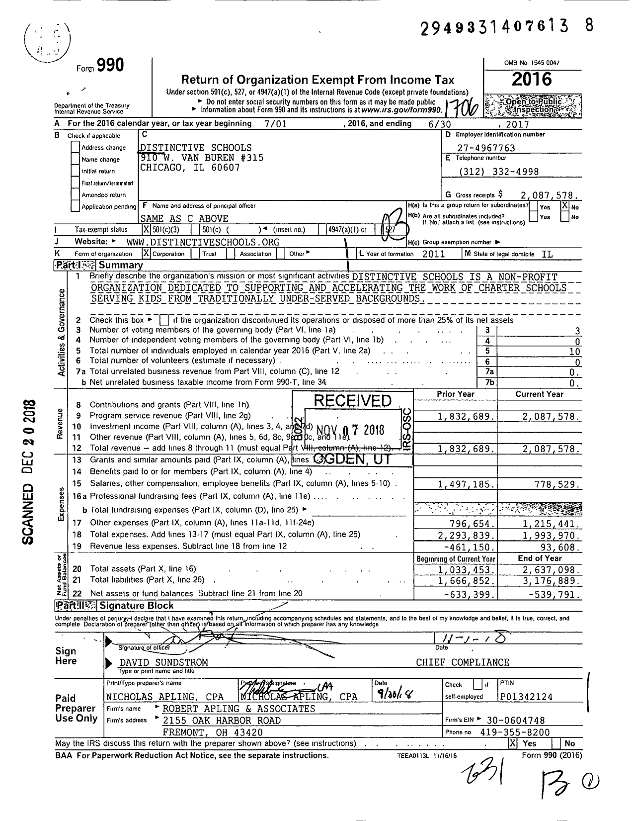 Image of first page of 2016 Form 990 for Distinctive Schools of Illinois