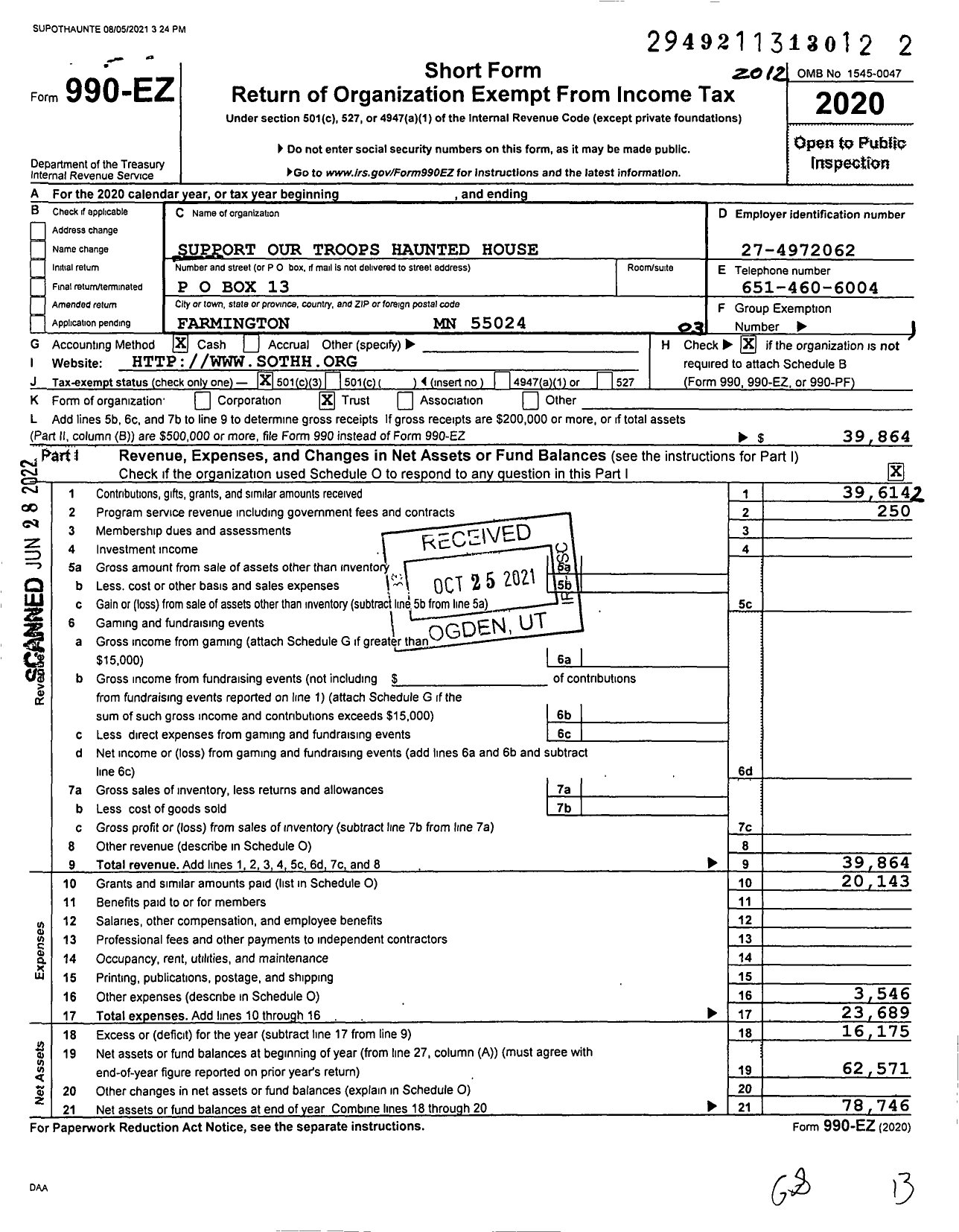 Image of first page of 2020 Form 990EZ for Support Our Troops Haunted House