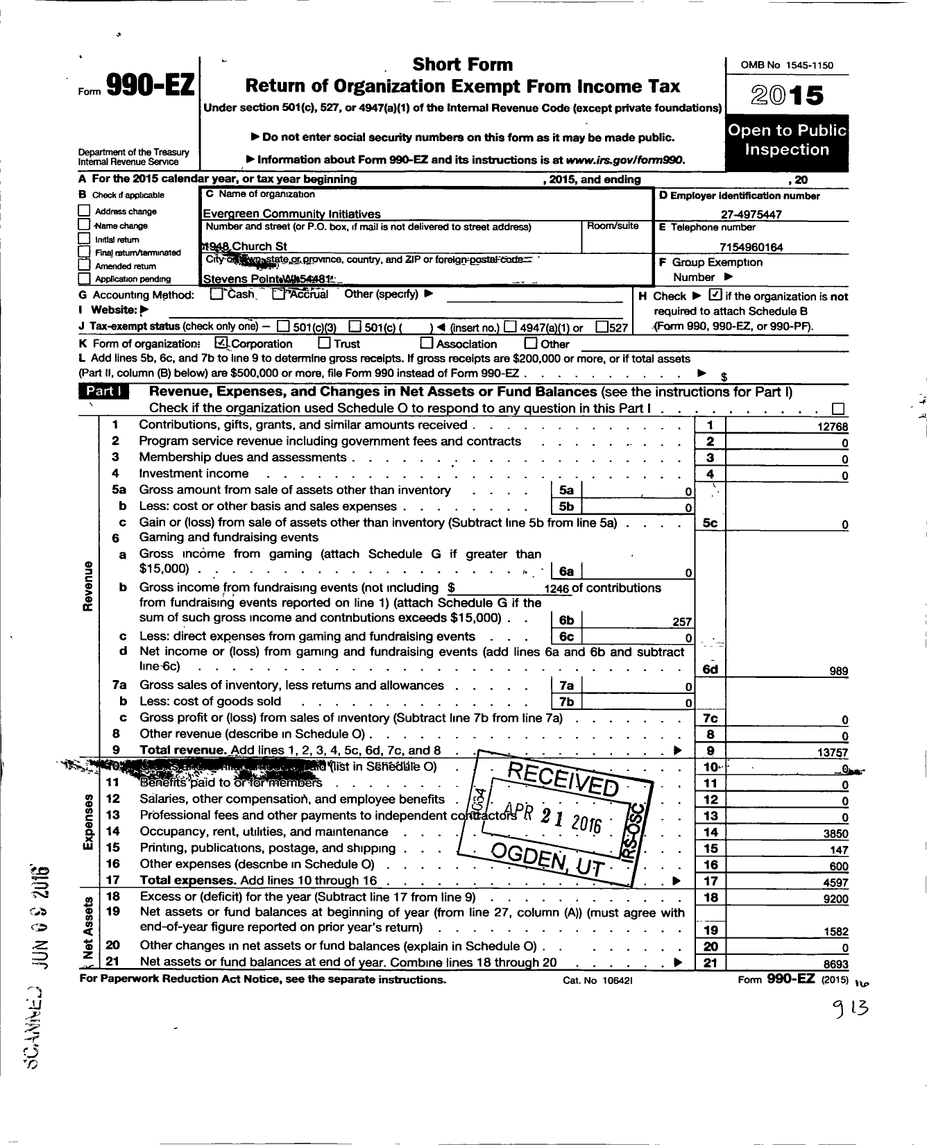 Image of first page of 2015 Form 990EO for Evergreen Community Initiatives