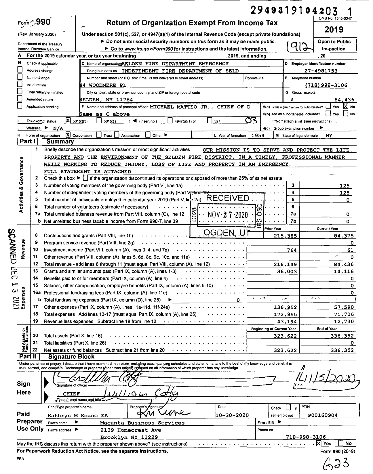 Image of first page of 2019 Form 990 for Selden Fire Department Emergency Unit