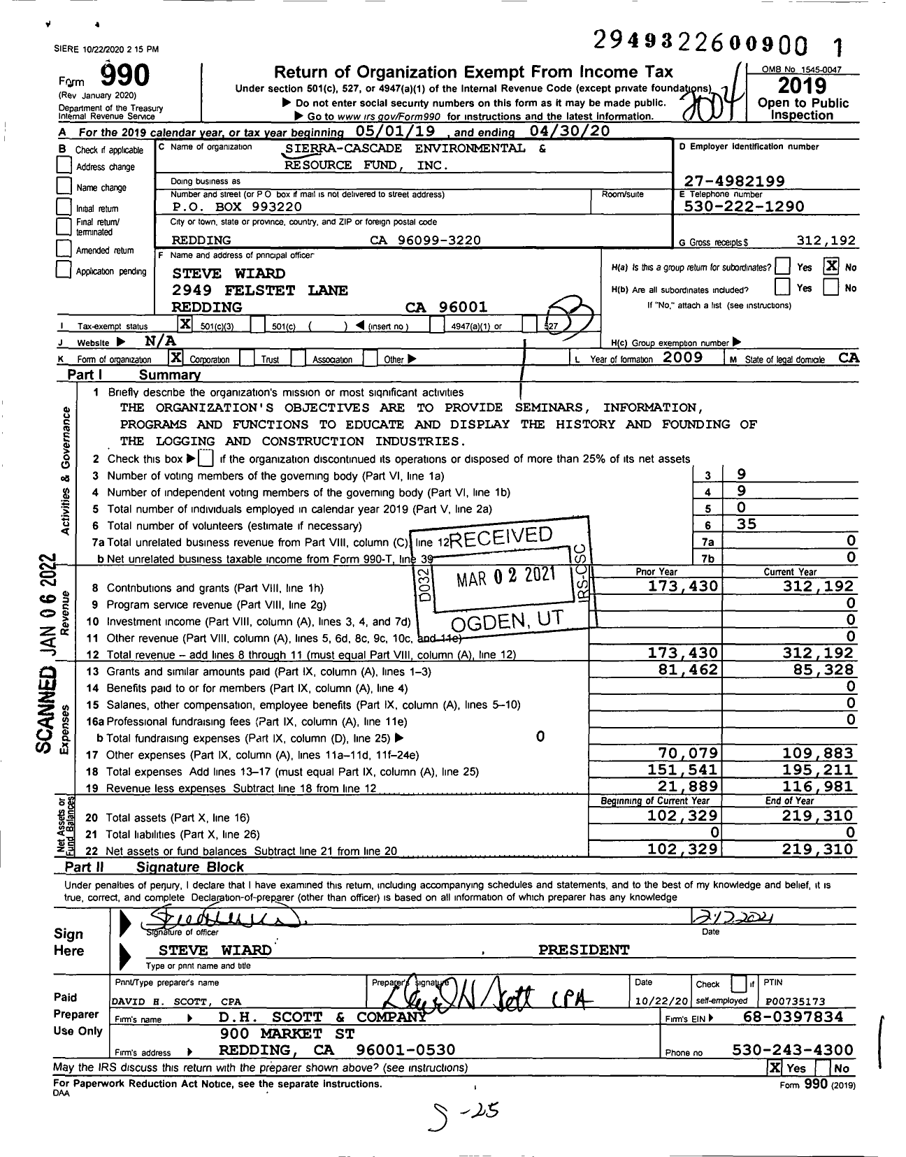 Image of first page of 2019 Form 990 for Sierra-Cascade Environmental and Resource Fund