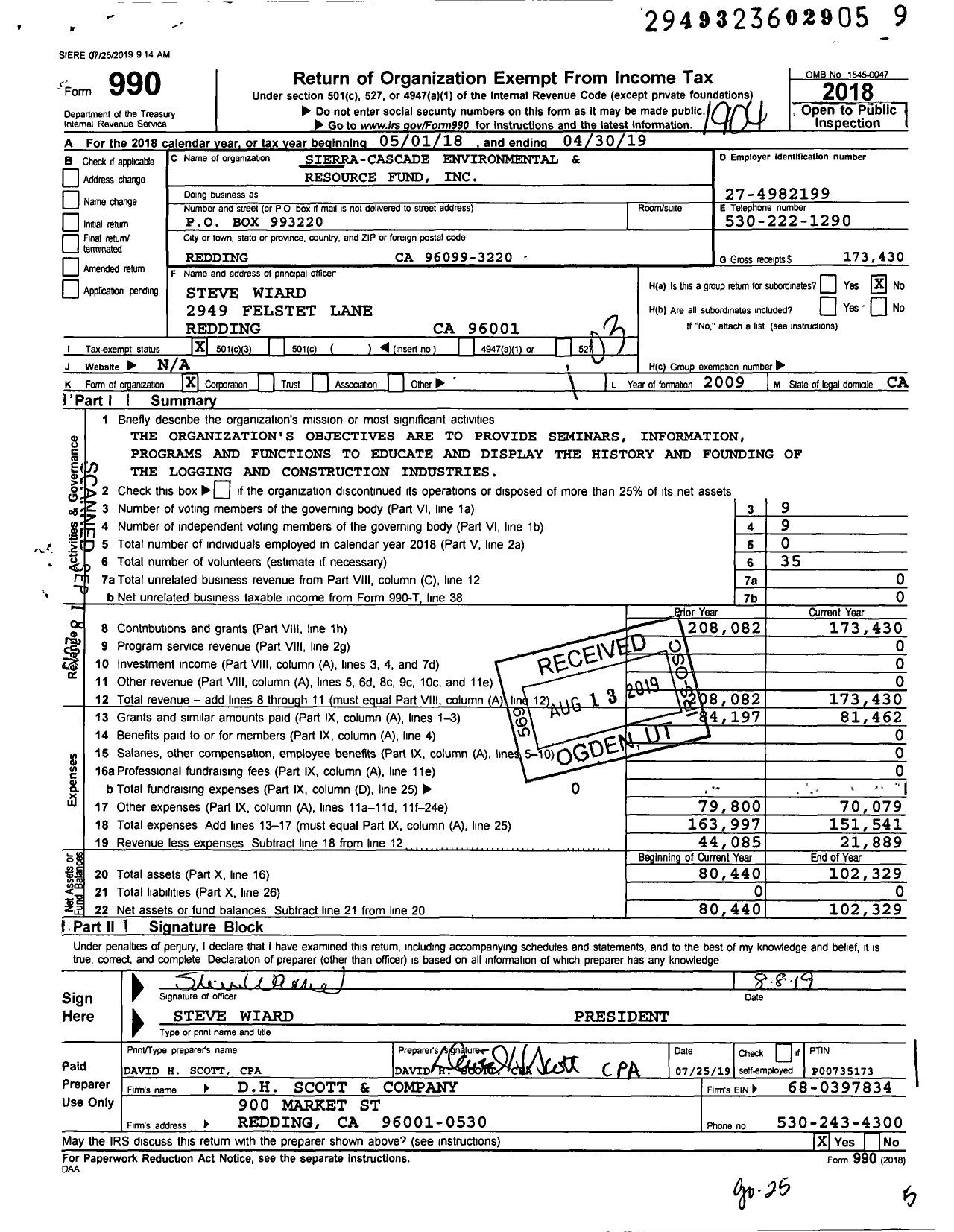 Image of first page of 2018 Form 990 for Sierra-Cascade Environmental and Resource Fund