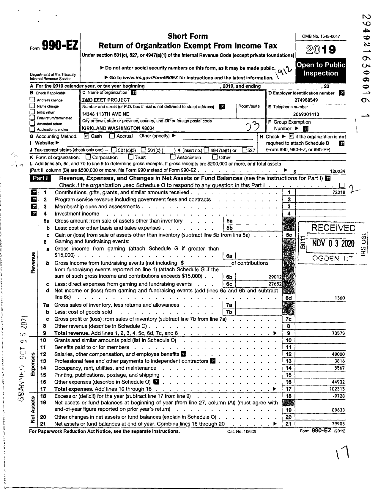 Image of first page of 2019 Form 990EZ for Two Feet Project