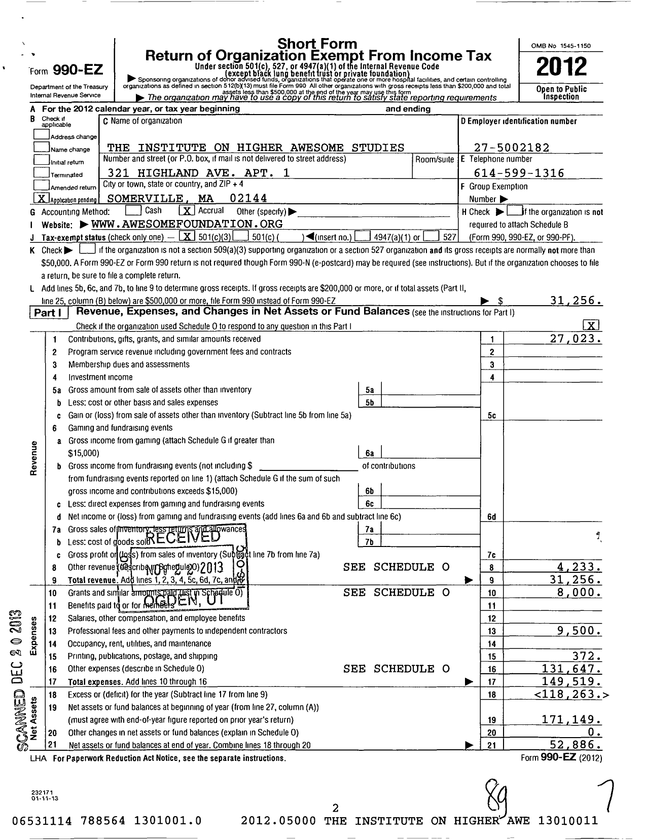 Image of first page of 2012 Form 990EZ for Institute on Higher Awesome Studies