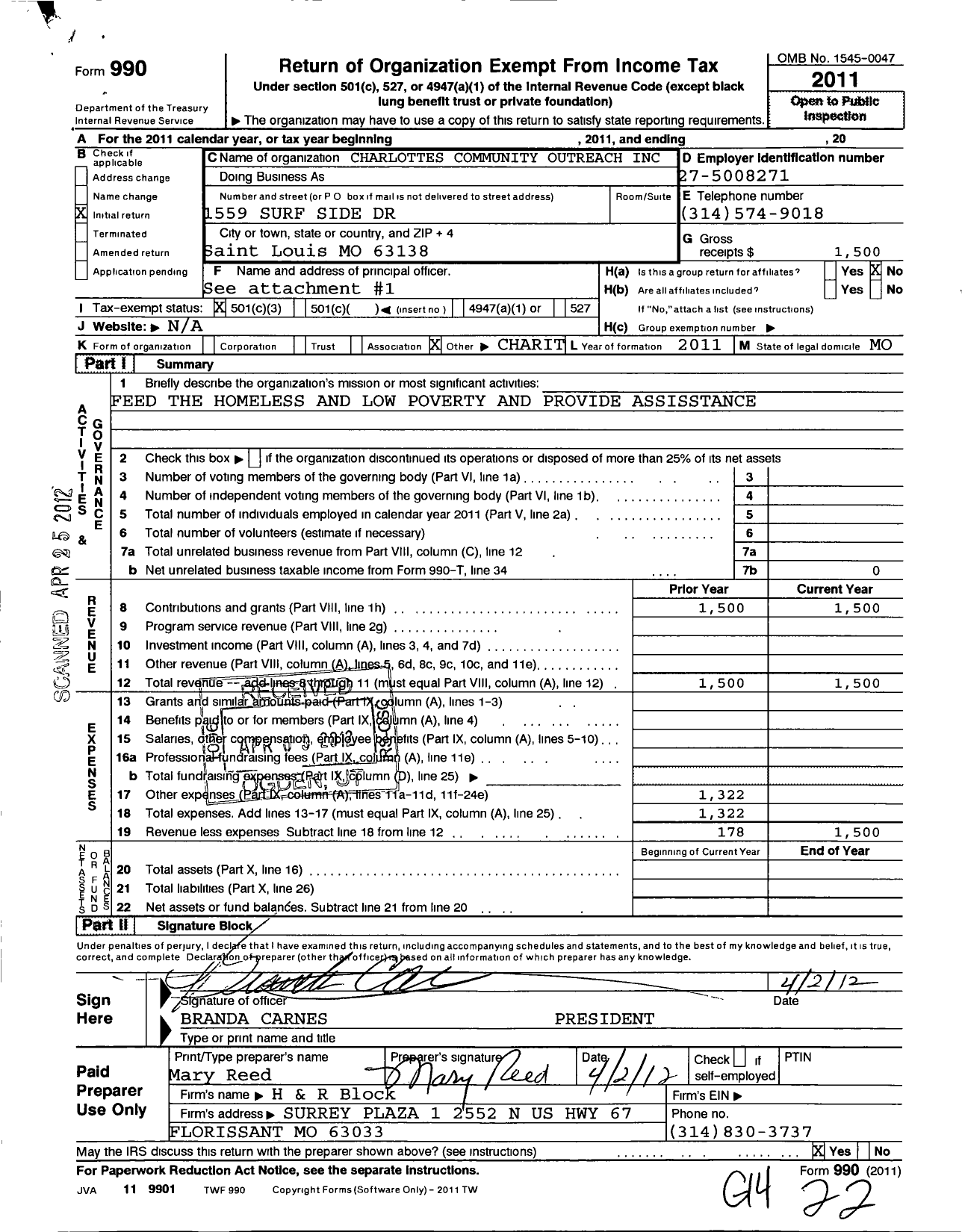 Image of first page of 2011 Form 990 for CHARLOTTES COMMUNITY OUTREACHaka KHAOS