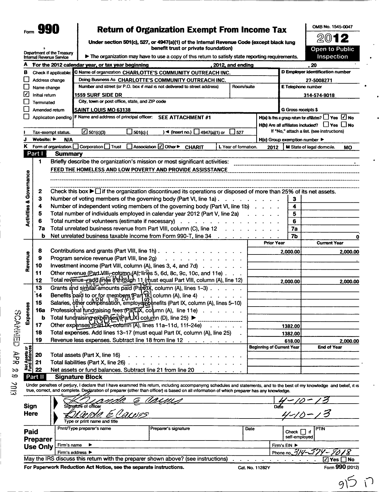 Image of first page of 2012 Form 990 for CHARLOTTES COMMUNITY OUTREACHaka KHAOS