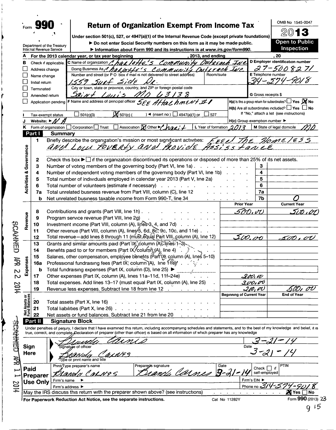 Image of first page of 2013 Form 990O for Khaos (Cco)