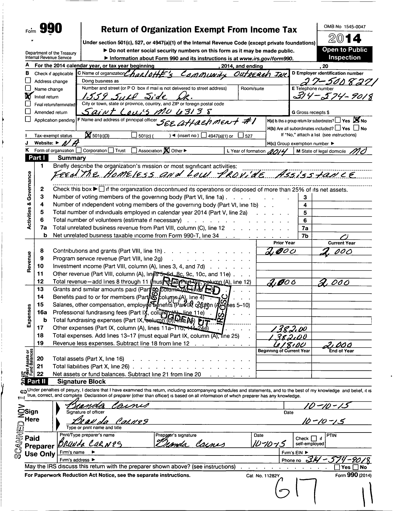 Image of first page of 2014 Form 990 for CHARLOTTES COMMUNITY OUTREACHaka KHAOS