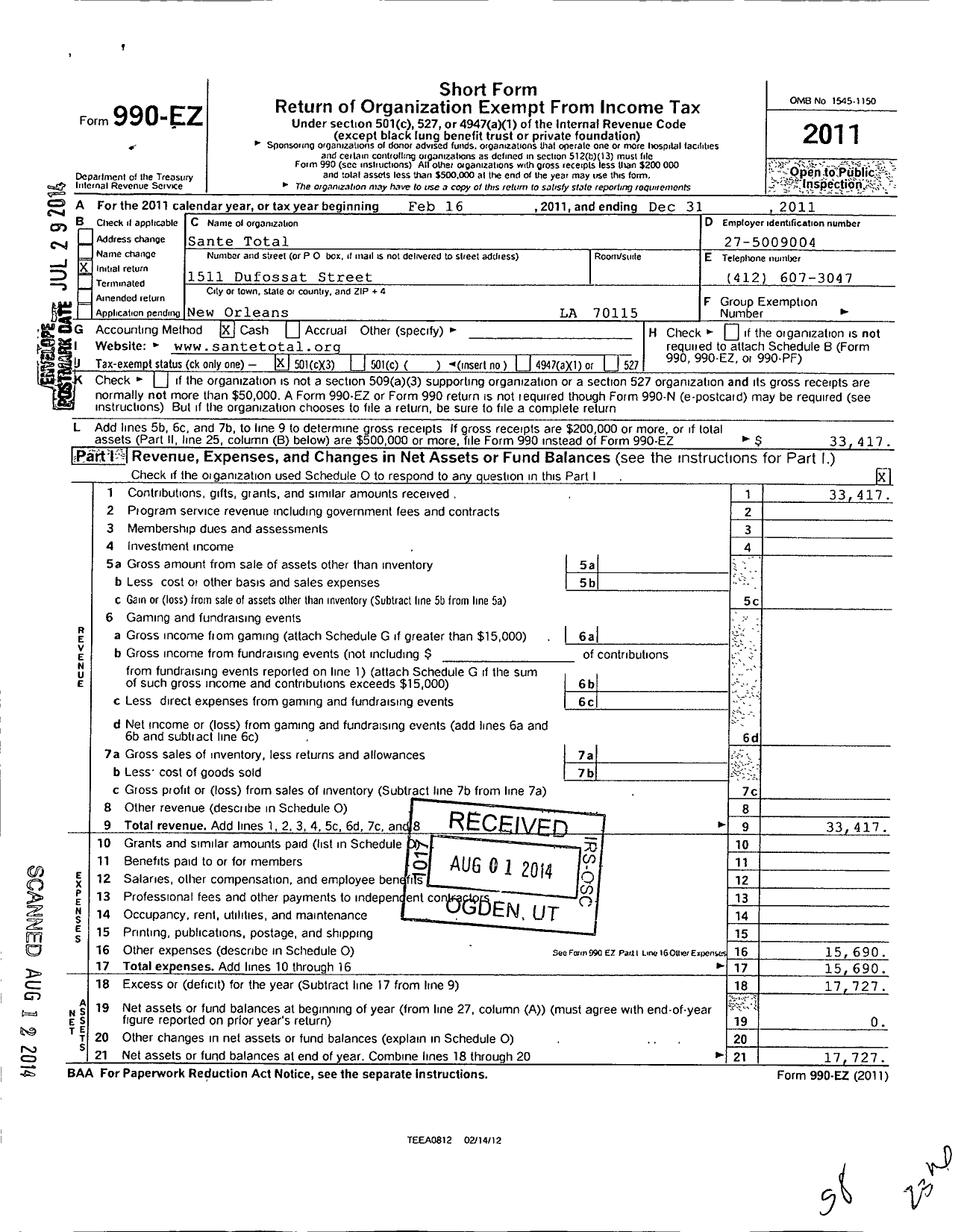 Image of first page of 2011 Form 990EZ for Sante Total