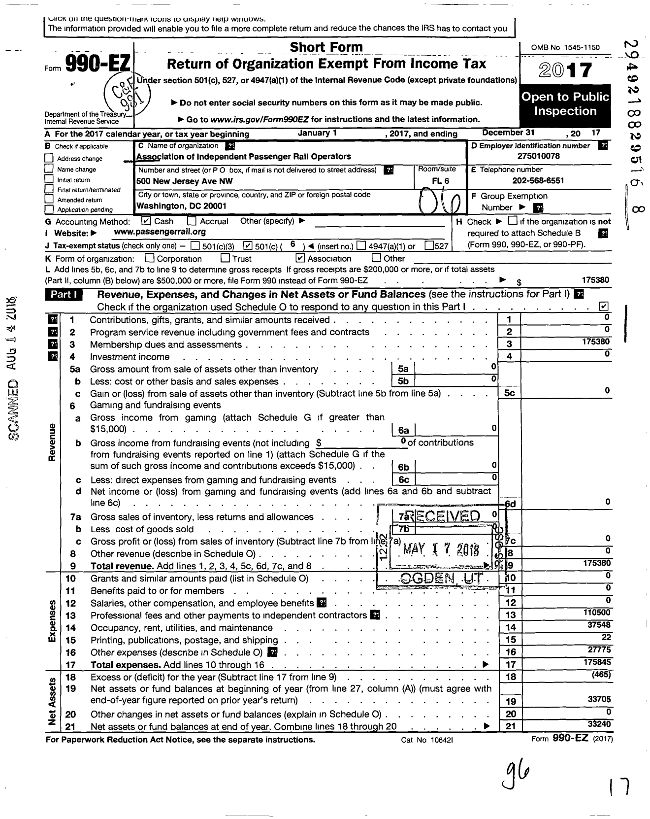 Image of first page of 2017 Form 990EO for Association of Independent Passenger Rail Operators