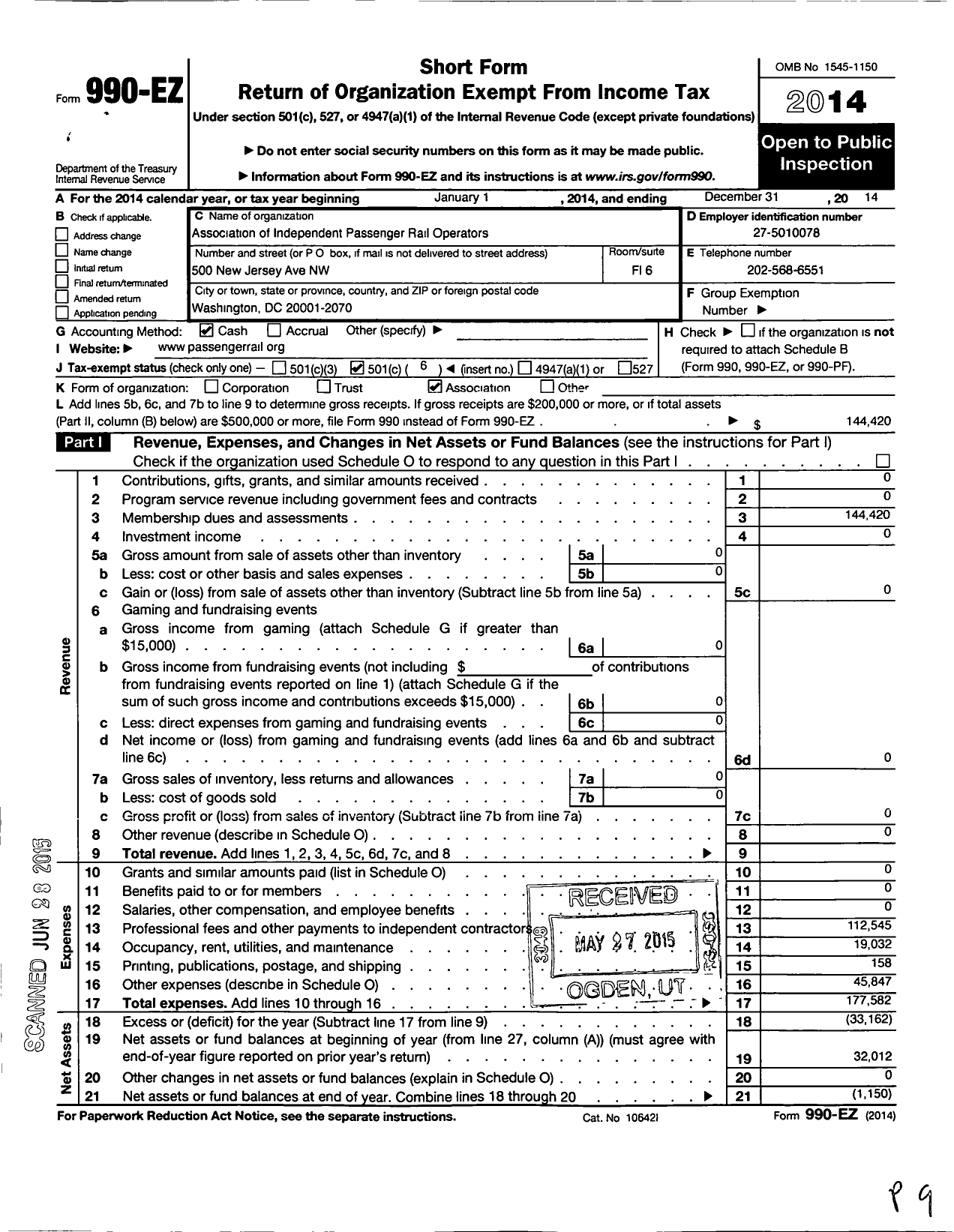 Image of first page of 2014 Form 990EO for Association of Independent Passenger Rail Operators