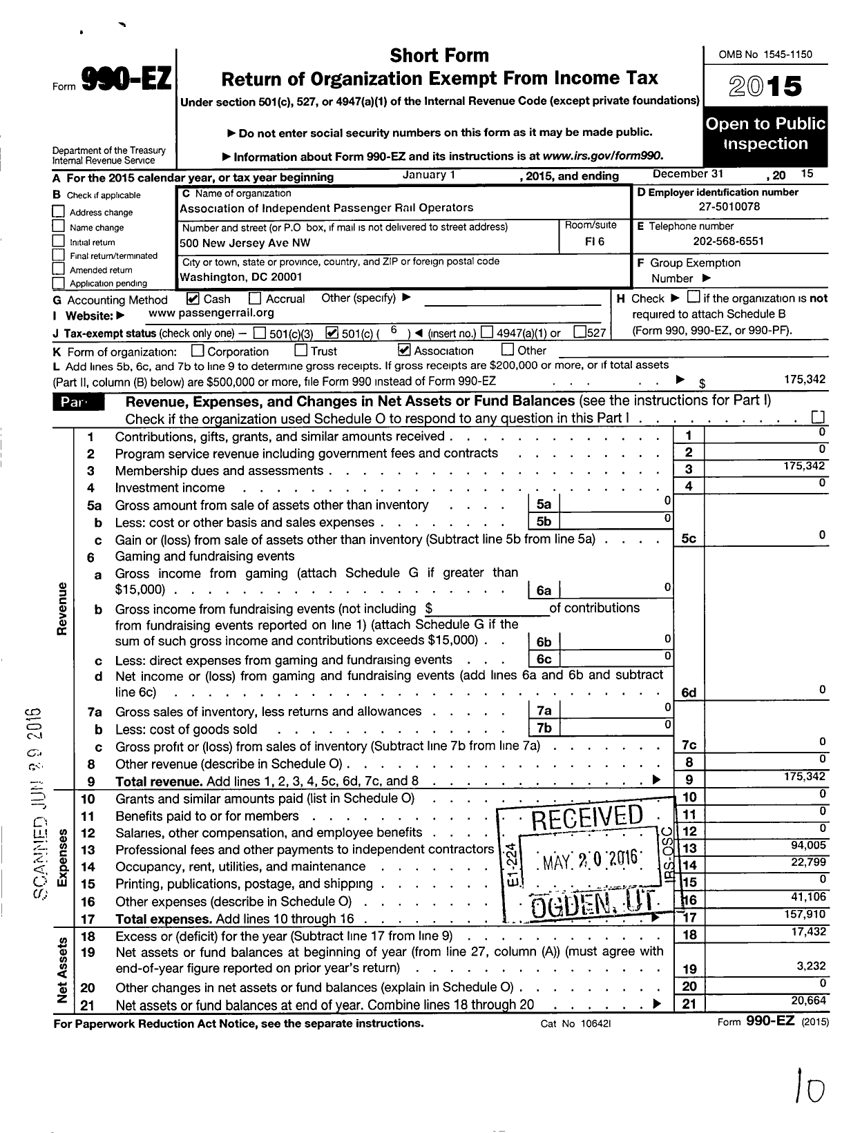 Image of first page of 2015 Form 990EO for Association of Independent Passenger Rail Operators