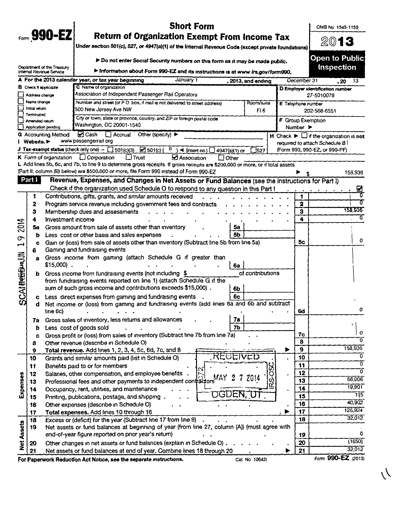 Image of first page of 2013 Form 990EO for Association of Independent Passenger Rail Operators