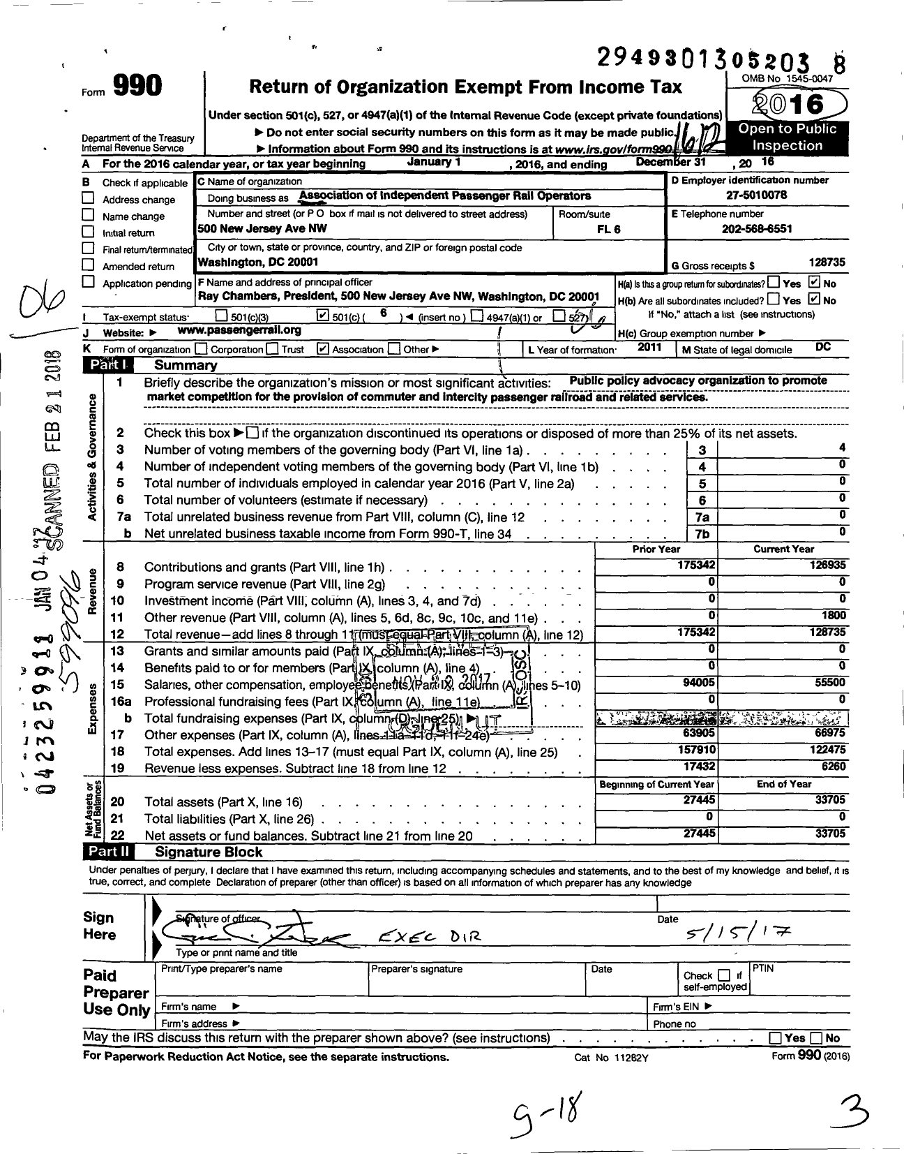 Image of first page of 2016 Form 990O for Association of Independent Passenger Rail Operators