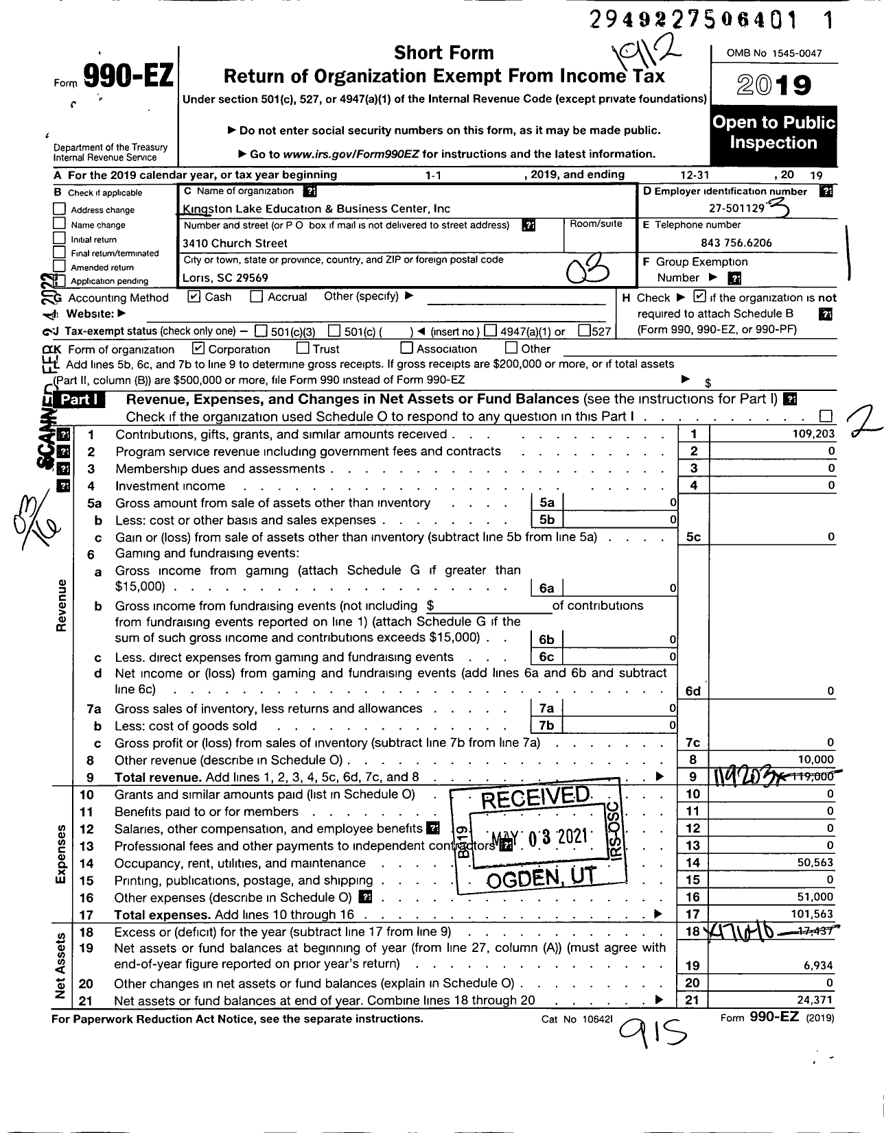 Image of first page of 2019 Form 990EZ for Kingston Lake Education and Business Center