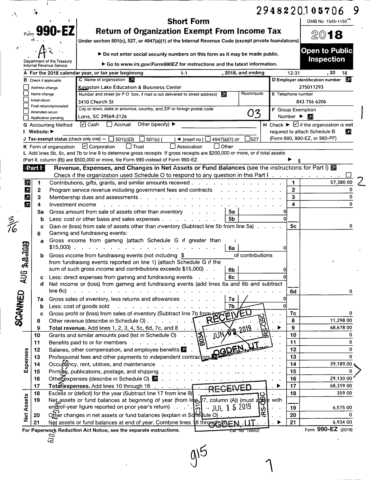 Image of first page of 2018 Form 990EZ for Kingston Lake Education and Business Center