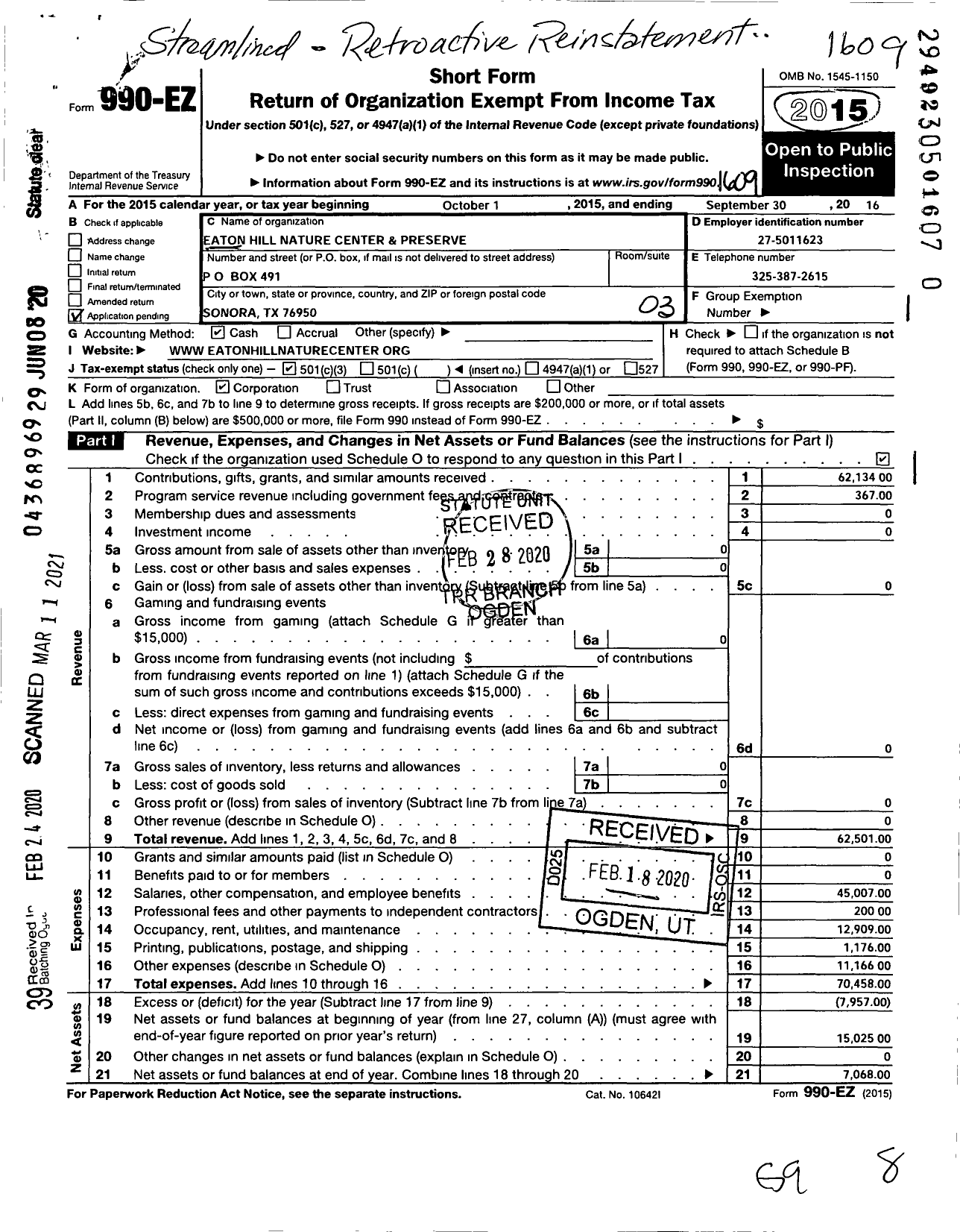 Image of first page of 2015 Form 990EZ for Eaton Hill Nature Center & Preserve