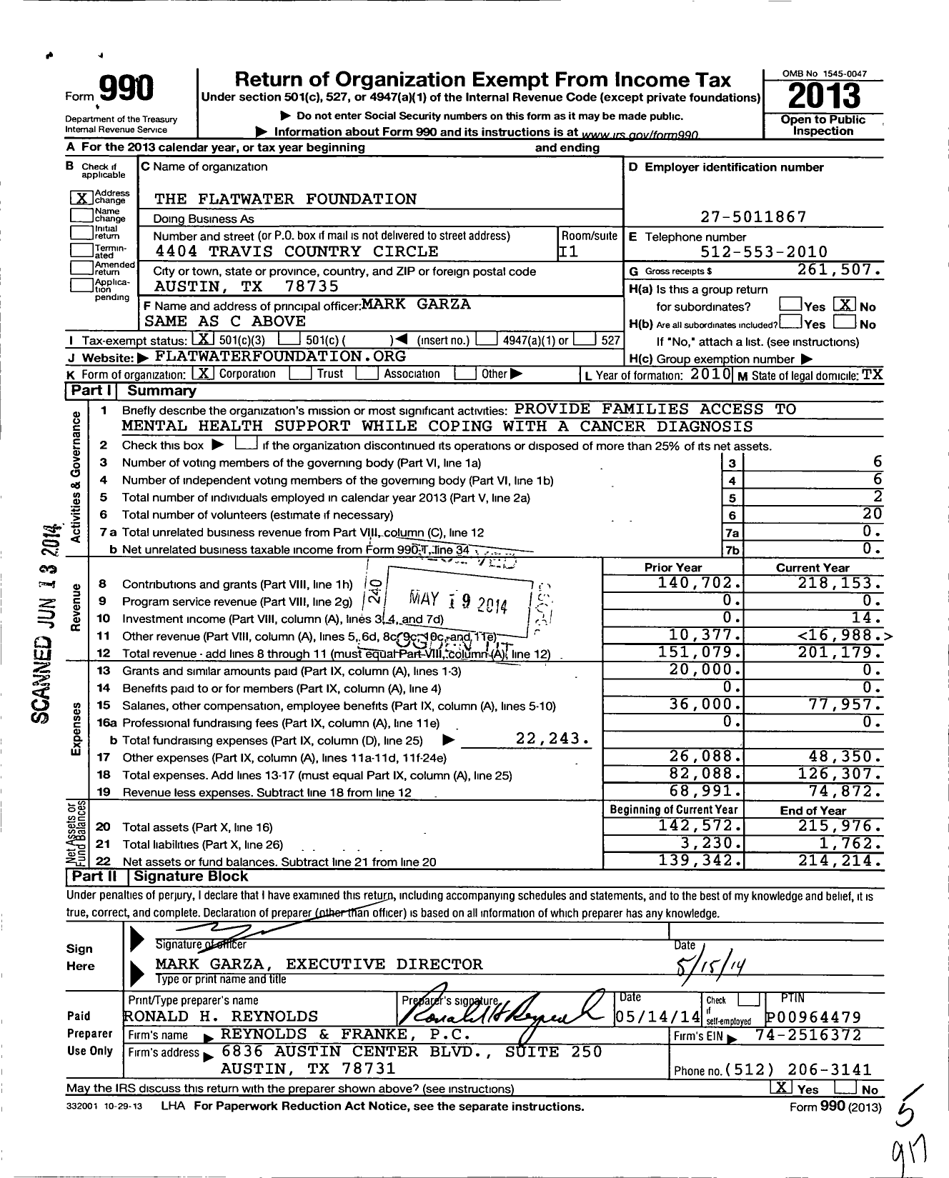 Image of first page of 2013 Form 990 for The Flatwater Foundation
