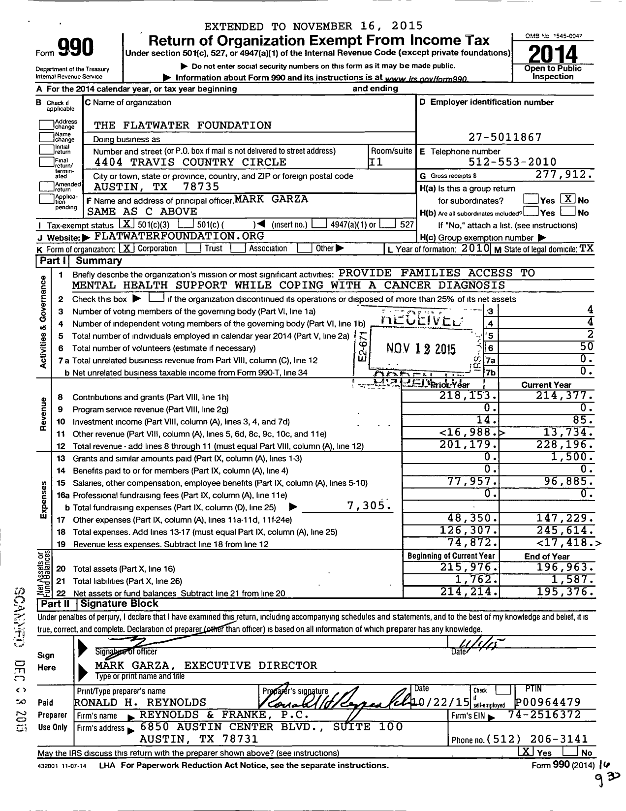 Image of first page of 2014 Form 990 for The Flatwater Foundation