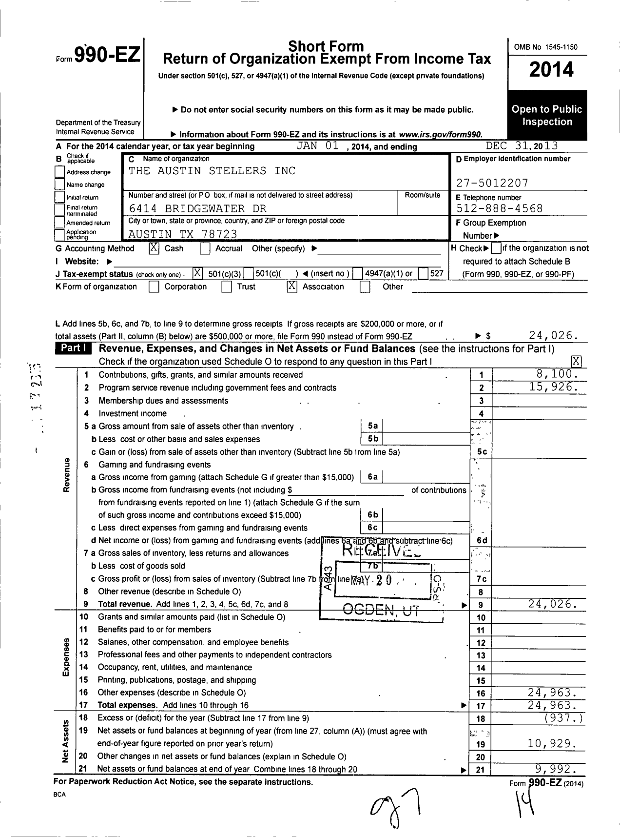 Image of first page of 2013 Form 990EZ for The Austin Stellers