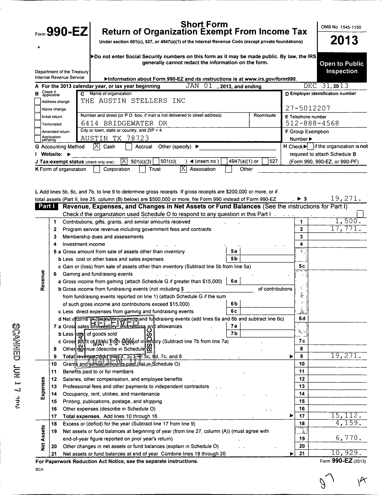 Image of first page of 2013 Form 990EZ for The Austin Stellers