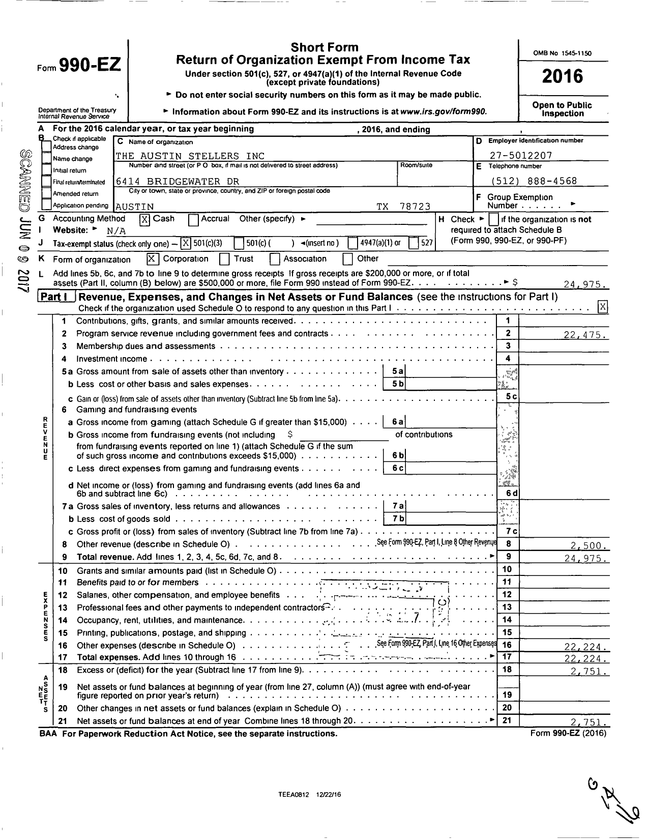 Image of first page of 2016 Form 990EZ for The Austin Stellers