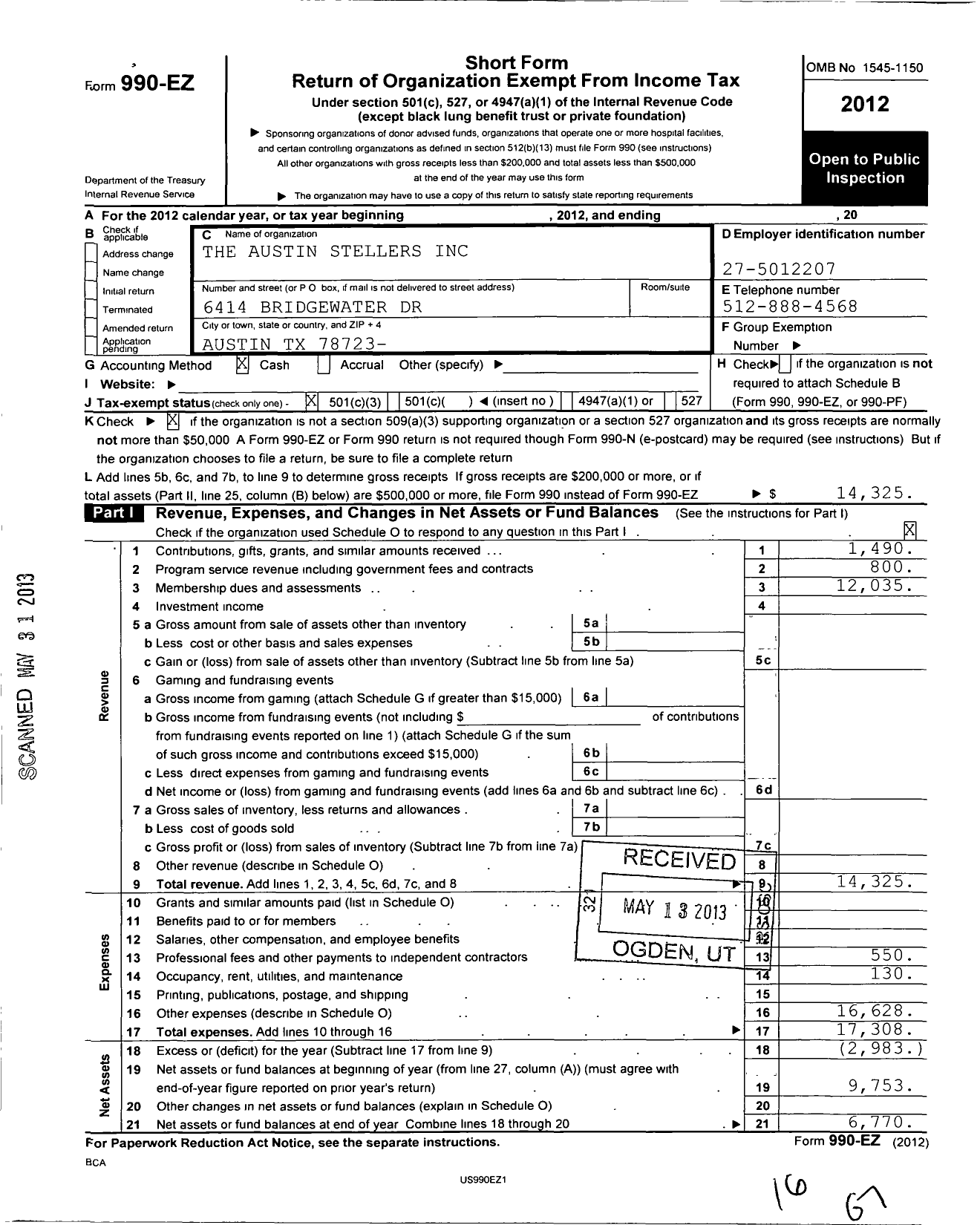 Image of first page of 2012 Form 990EZ for The Austin Stellers