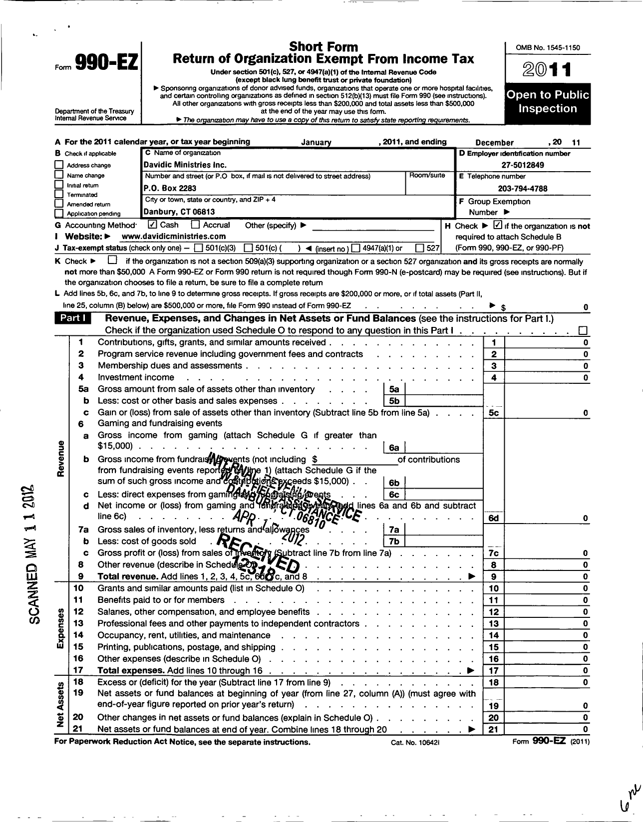 Image of first page of 2011 Form 990EO for Davidic Ministries