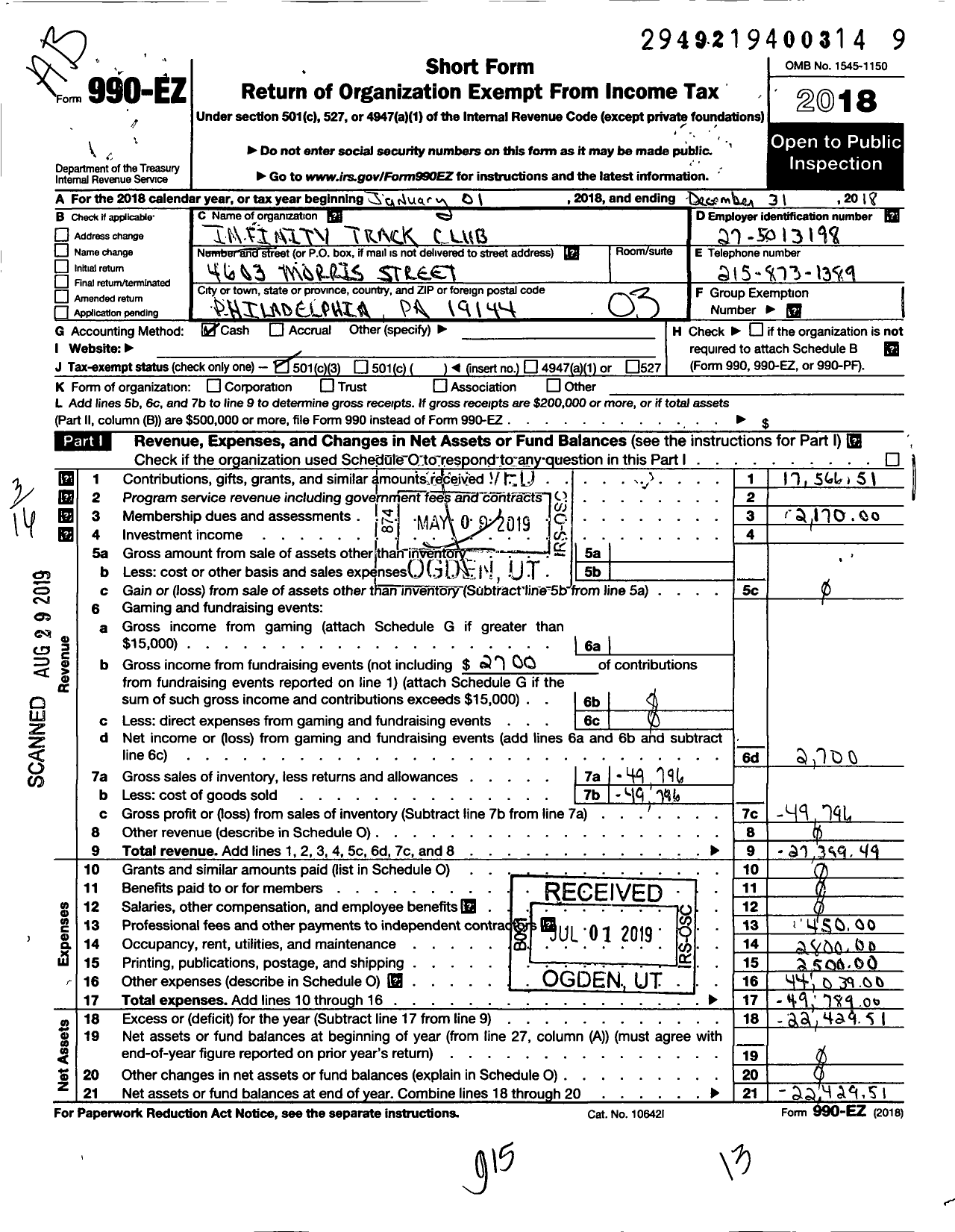 Image of first page of 2018 Form 990EZ for Infinity Track Club