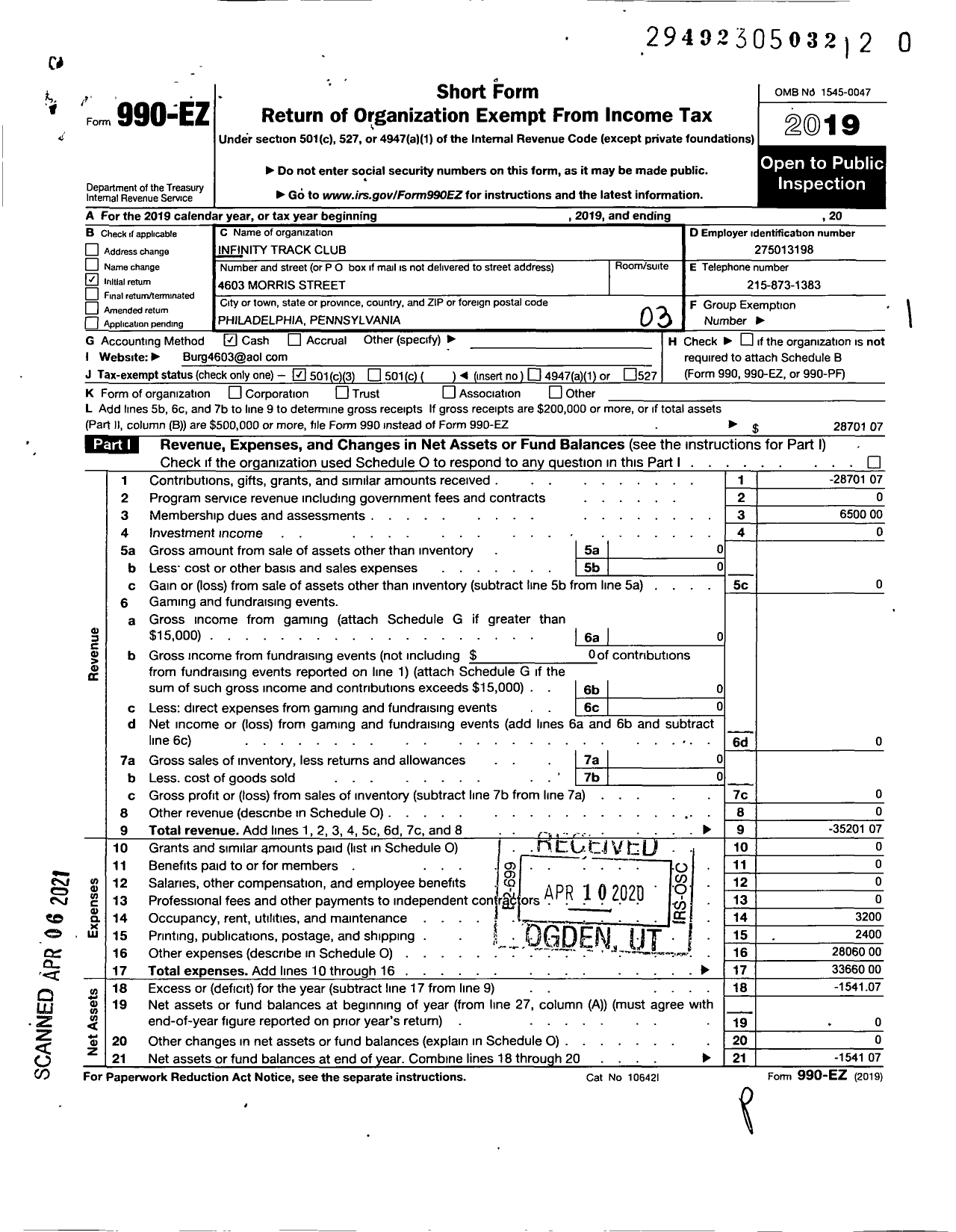 Image of first page of 2019 Form 990EZ for Infinity Track Club