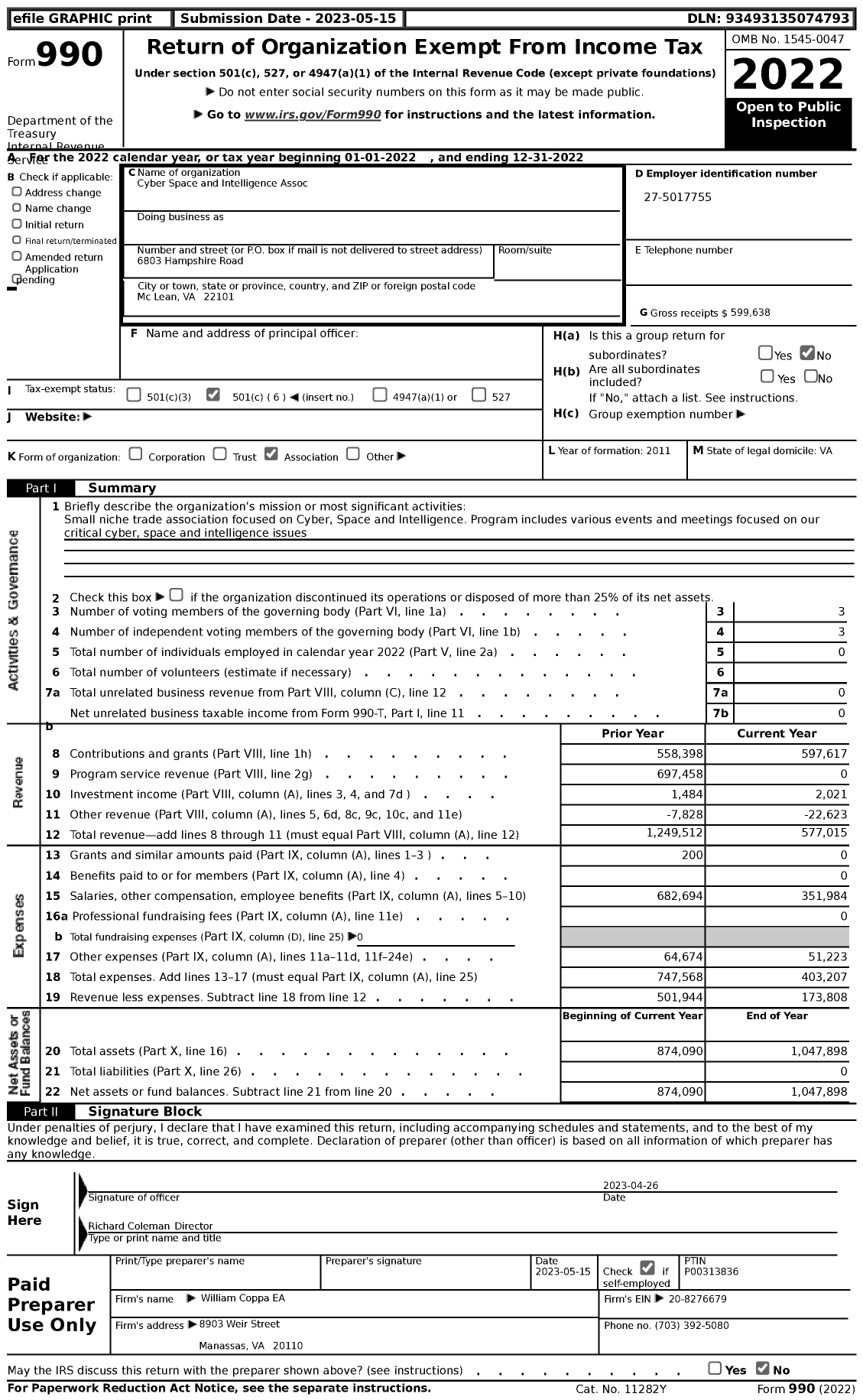 Image of first page of 2022 Form 990 for Cyber Space and Intelligence Assoc