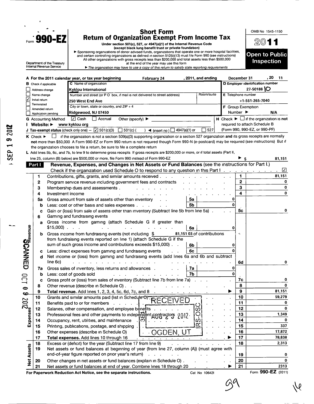 Image of first page of 2011 Form 990EZ for Kyklou International